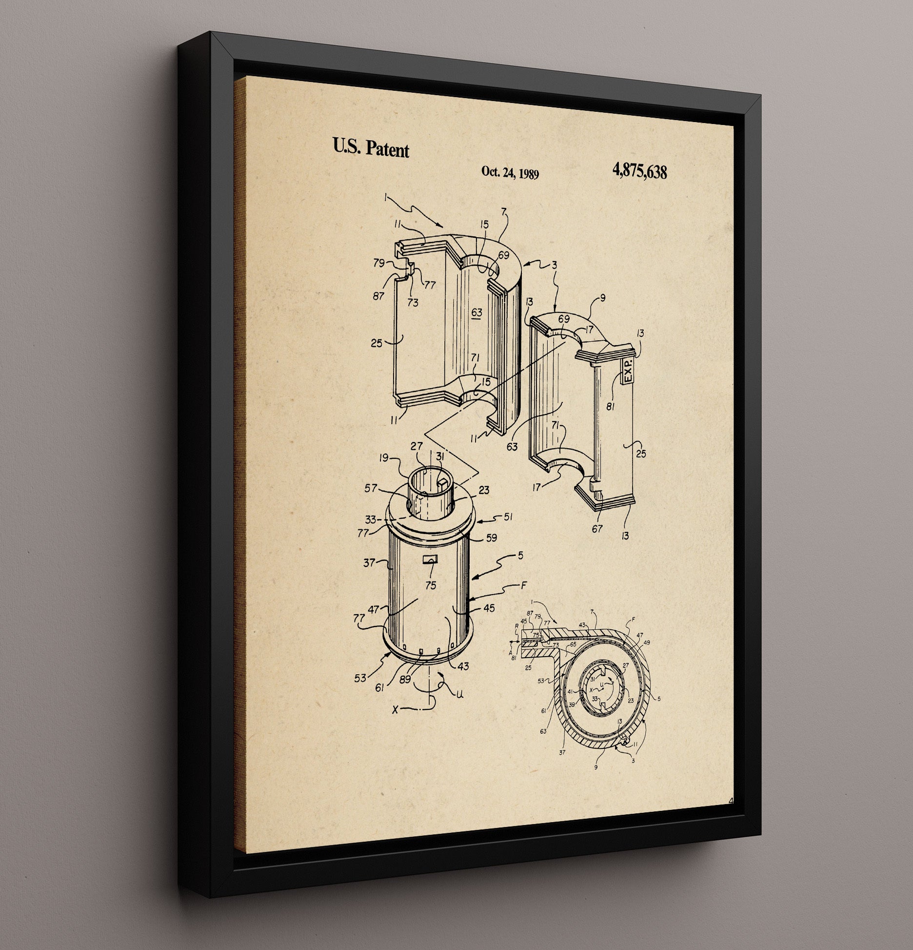 Patent Print - Film Cartridge Assembly - 1989 - Patent 4875638 Patent Wall Art