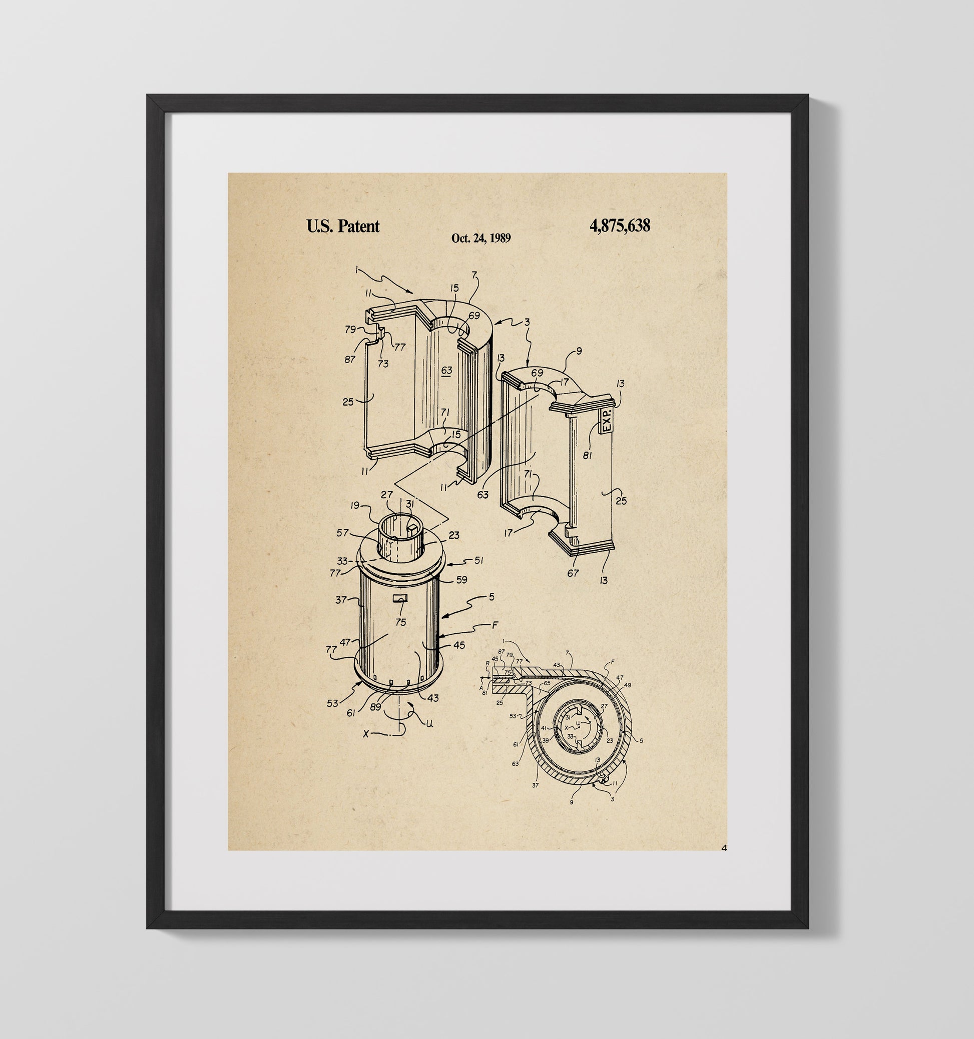 Patent Print - Film Cartridge Assembly - 1989 - Patent 4875638 Patent Wall Art