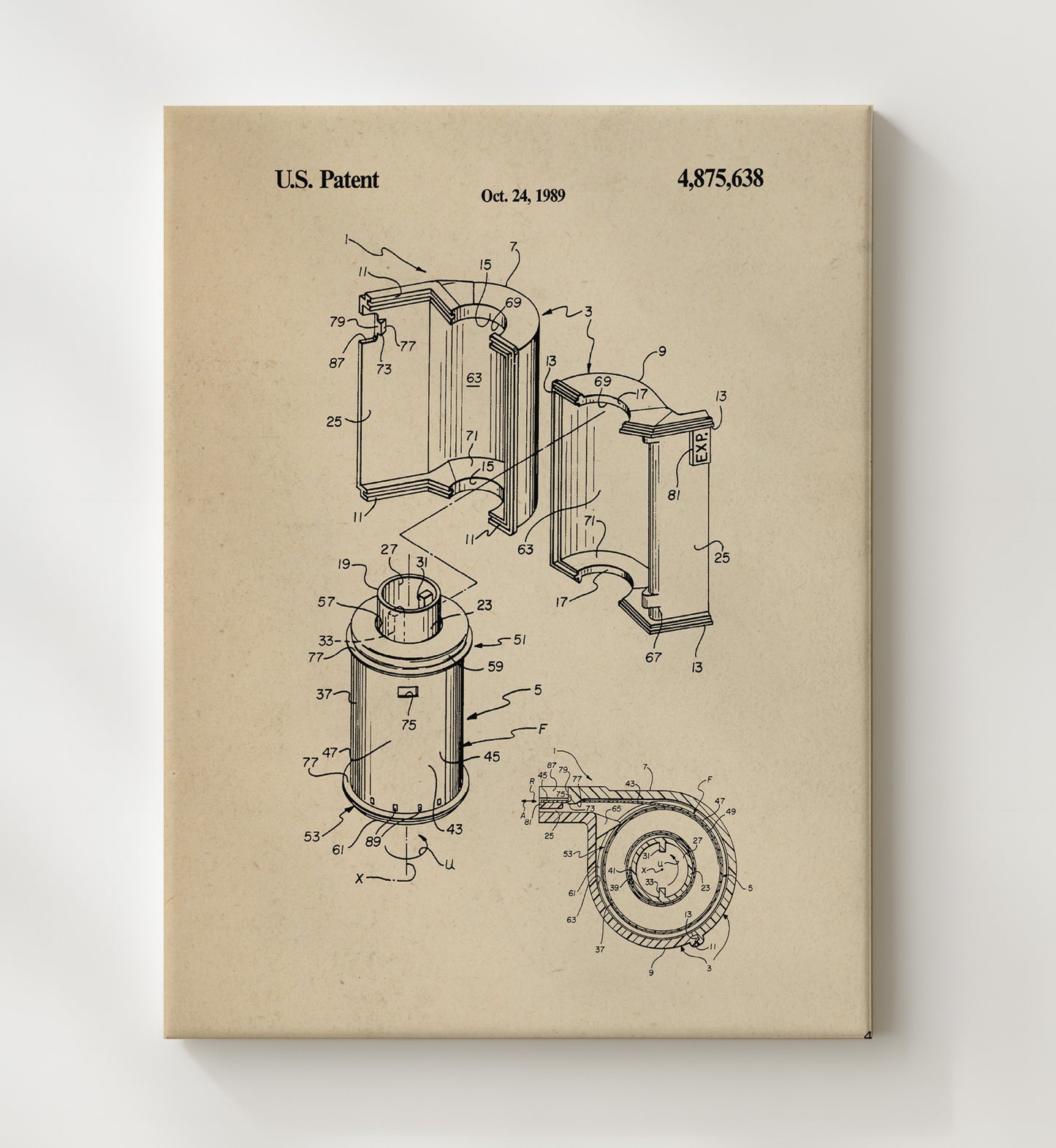 Patent Print - Film Cartridge Assembly - 1989 - Patent 4875638 Patent Wall Art