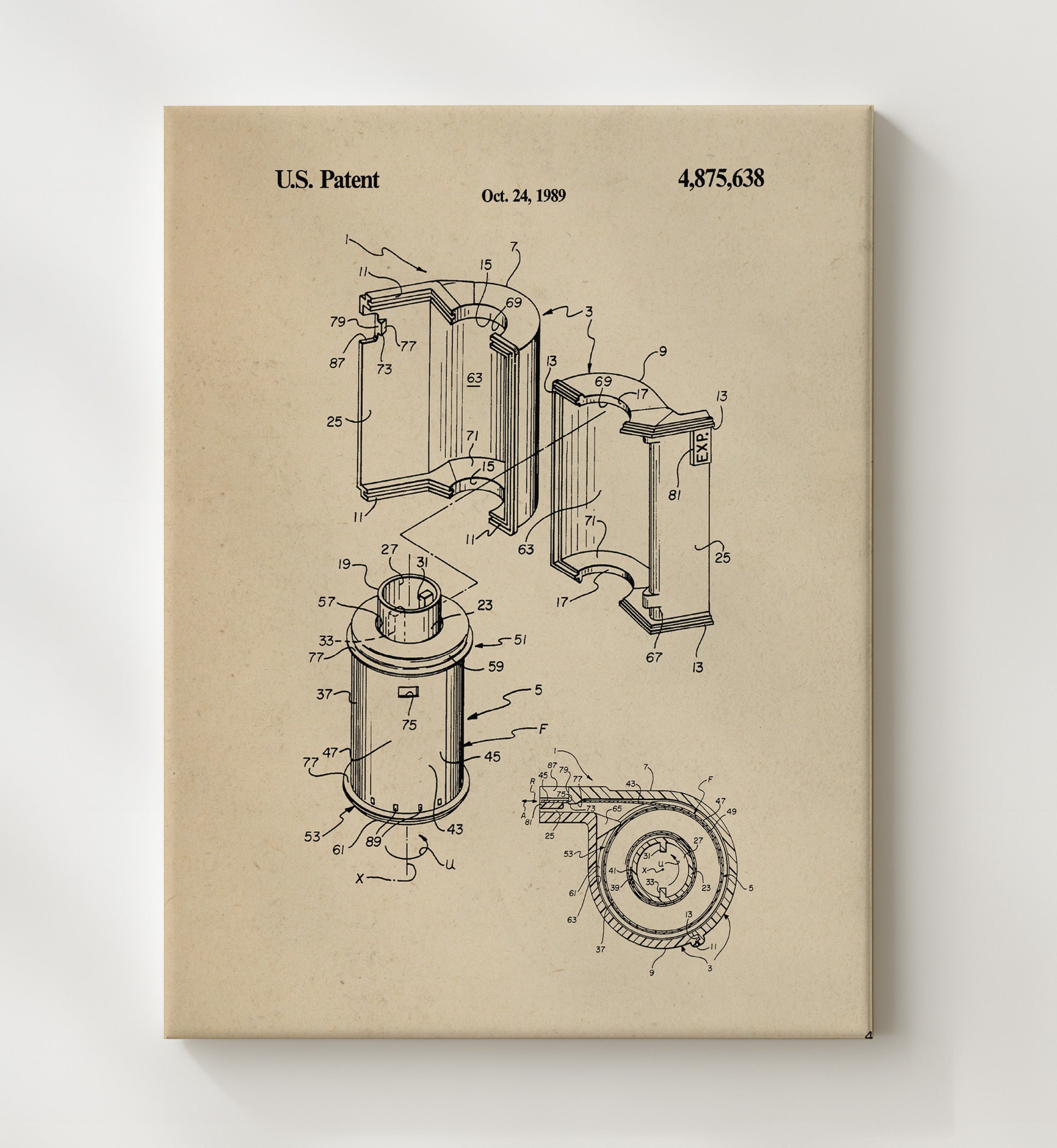 Patent Print - Film Cartridge Assembly - 1989 - Patent 4875638 Patent Wall Art