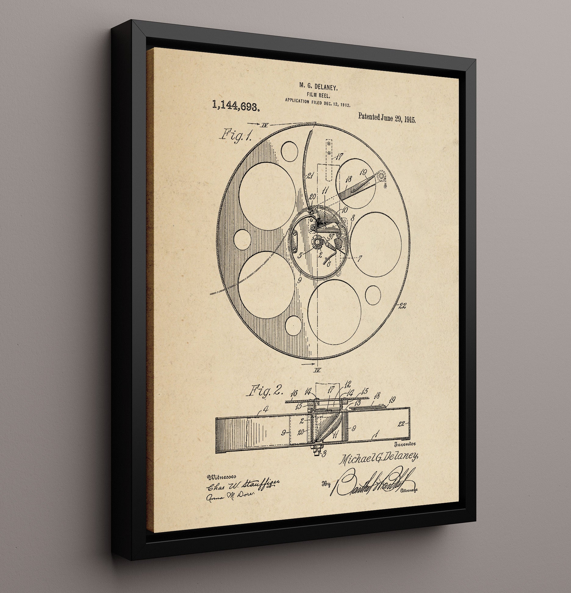Patent Print - Film Reel - M.G. Delaney - 1915 - Patent 1144693 Patent Wall Art