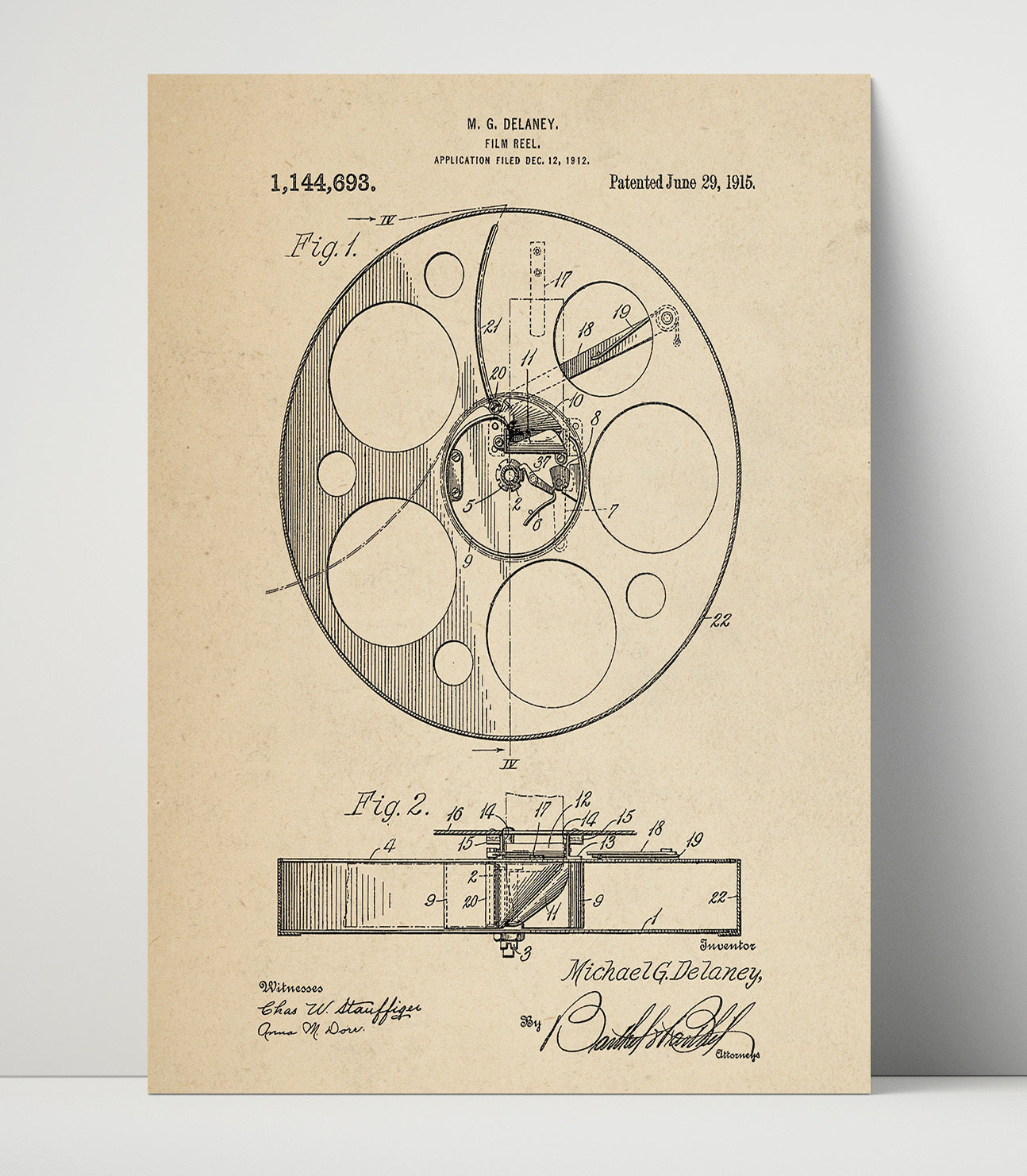 Patent Print - Film Reel - M.G. Delaney - 1915 - Patent 1144693 Patent Wall Art