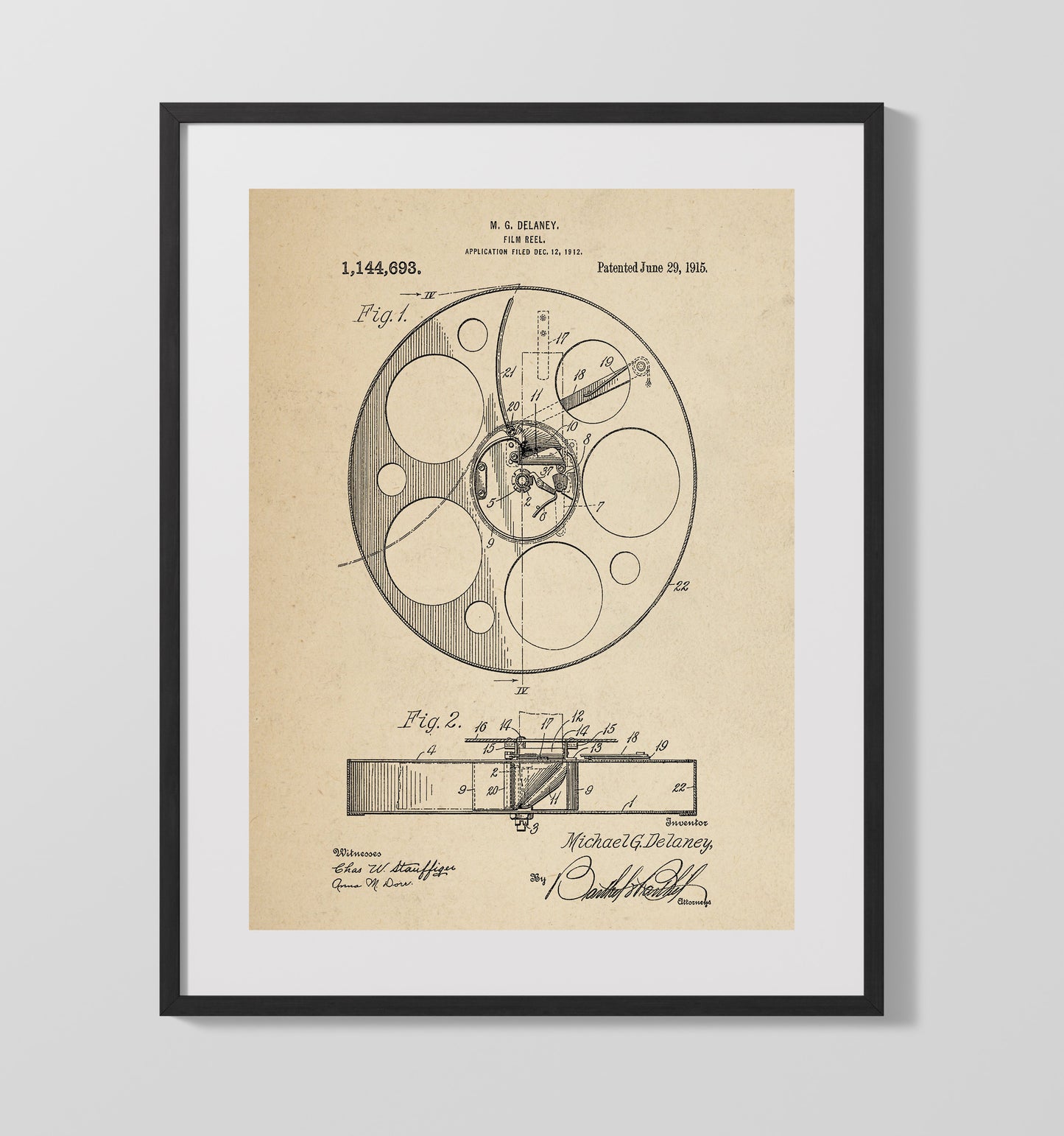 Patent Print - Film Reel - M.G. Delaney - 1915 - Patent 1144693 Patent Wall Art