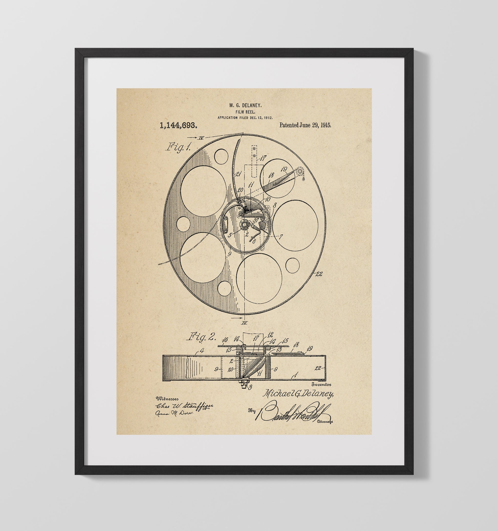 Patent Print - Film Reel - M.G. Delaney - 1915 - Patent 1144693 Patent Wall Art