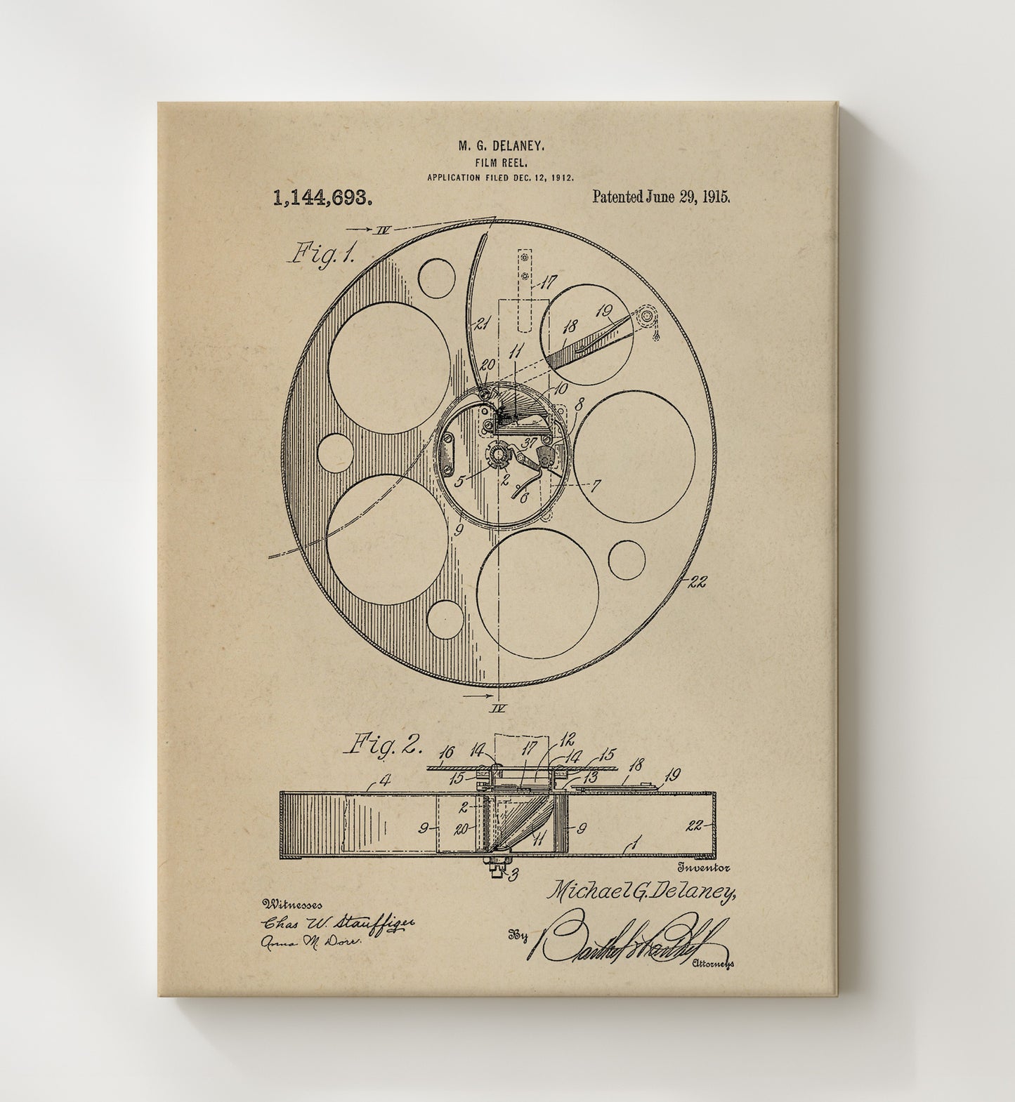 Patent Print - Film Reel - M.G. Delaney - 1915 - Patent 1144693 Patent Wall Art
