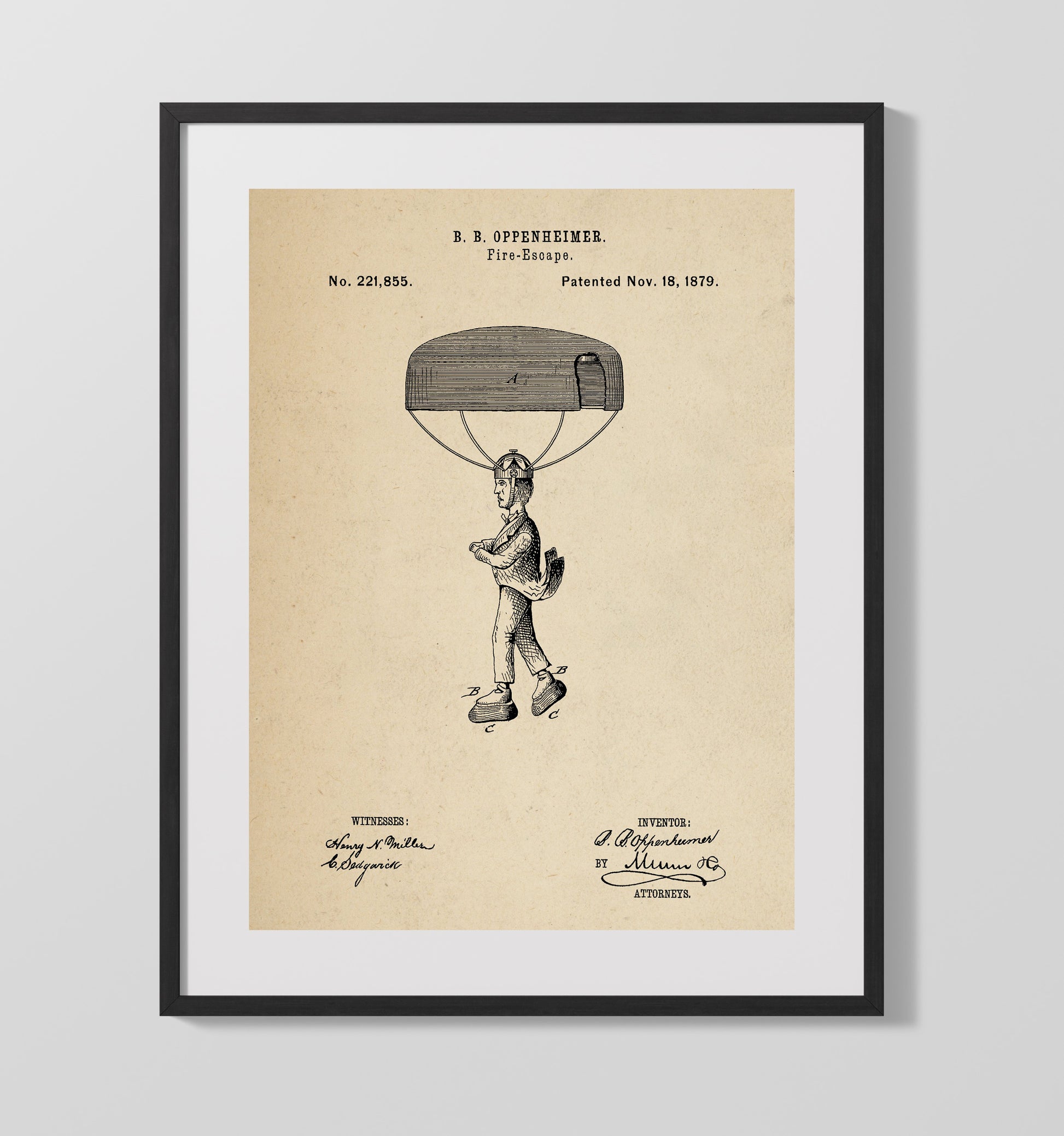 Patent Print - Fire Escape - B B Oppenheimer - 1879 - Patent 221855 Patent Wall Art