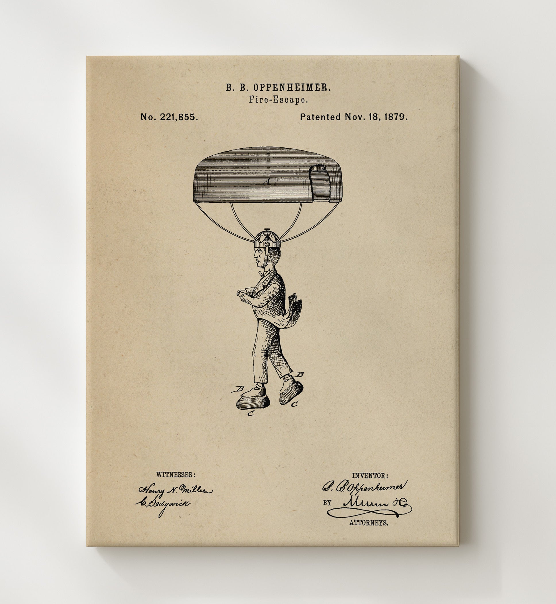 Patent Print - Fire Escape - B B Oppenheimer - 1879 - Patent 221855 Patent Wall Art