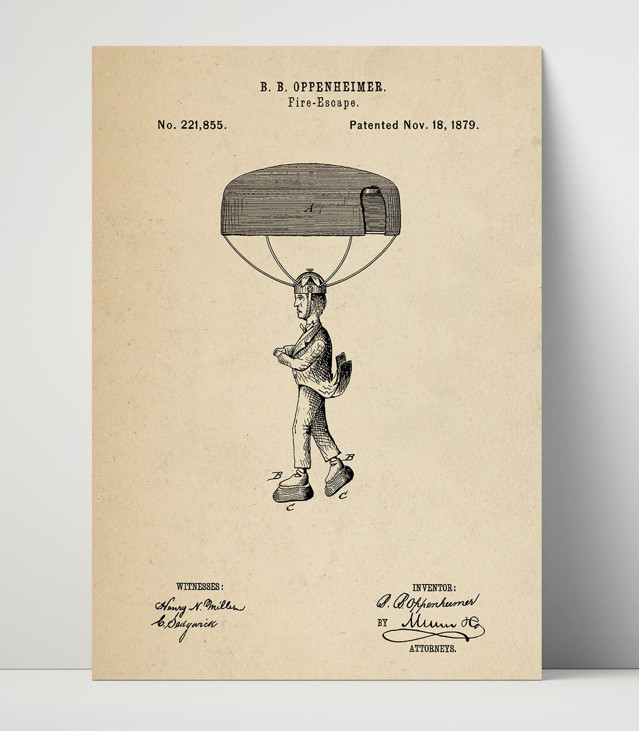 Patent Print - Fire Escape - B B Oppenheimer - 1879 - Patent 221855 Patent Wall Art