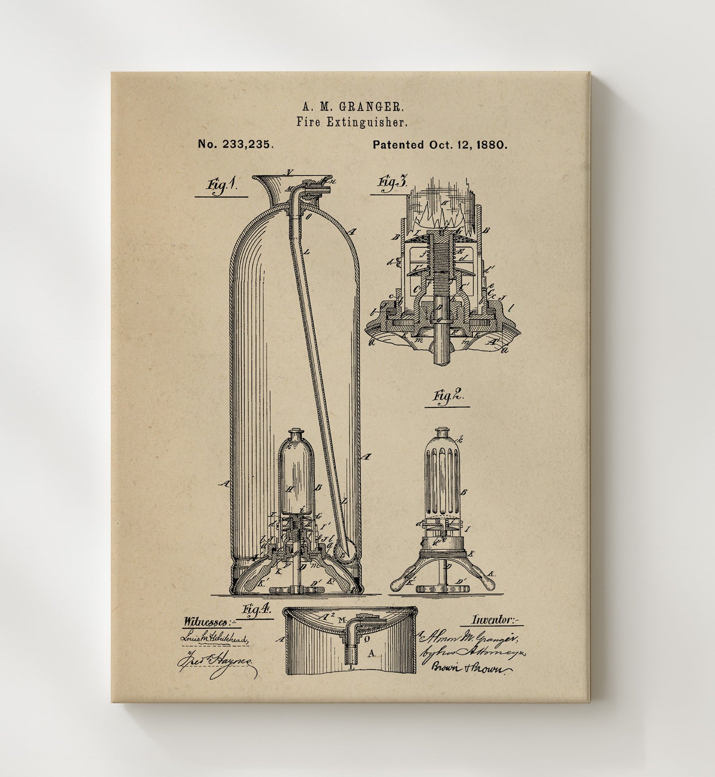 Patent Print - Fire Extinguisher - A. M. Granger - 1880 - Patent 233235 Patent Wall Art