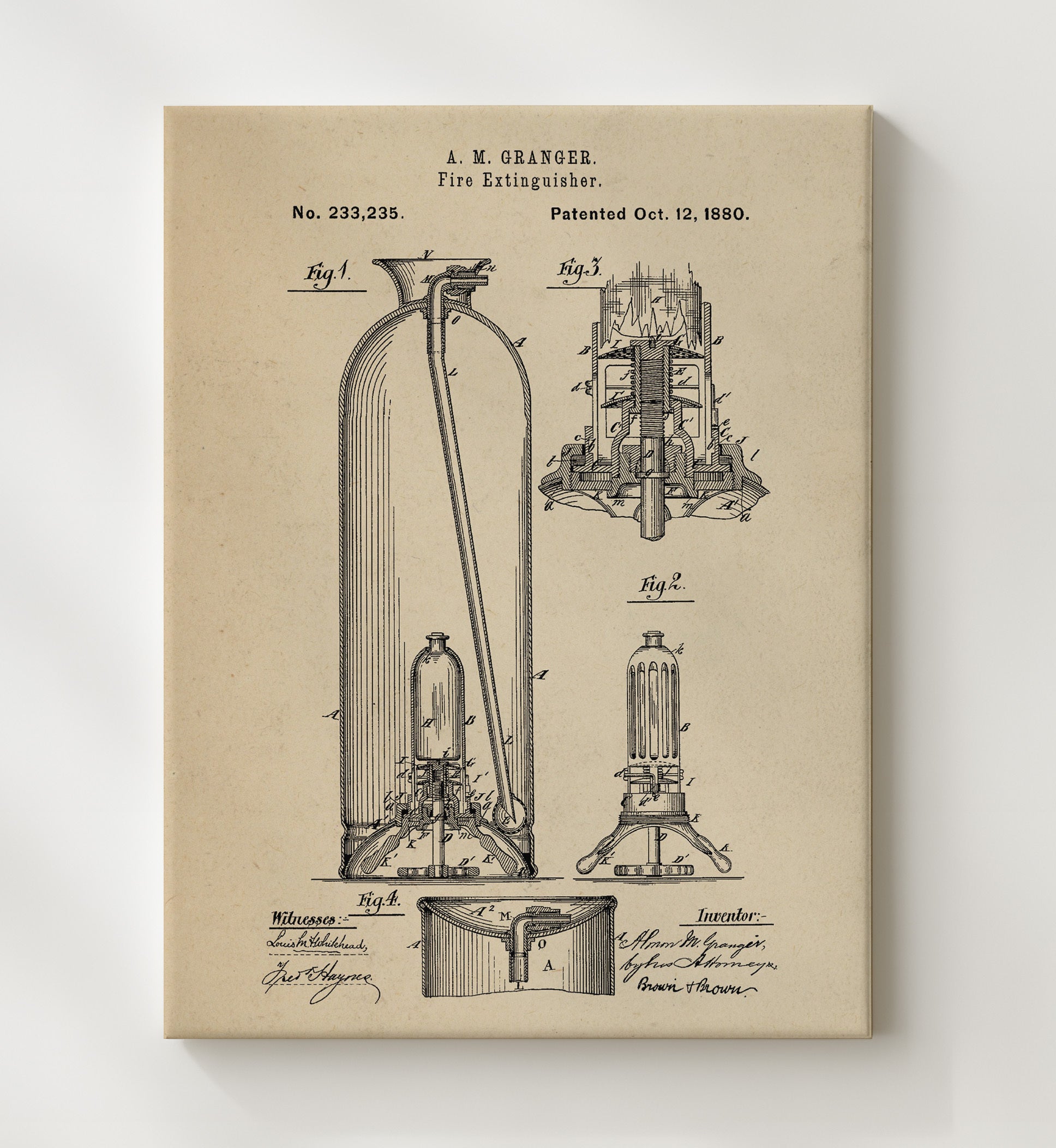Patent Print - Fire Extinguisher - A. M. Granger - 1880 - Patent 233235 Patent Wall Art