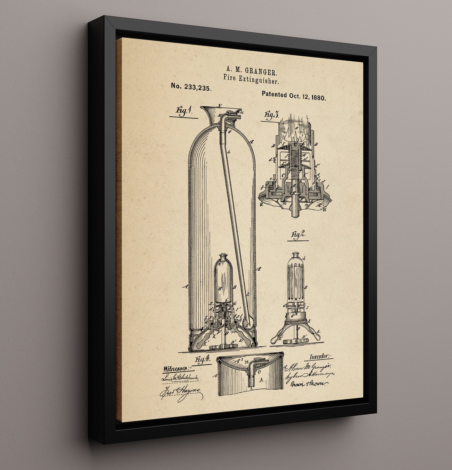 Patent Print - Fire Extinguisher - A. M. Granger - 1880 - Patent 233235 Patent Wall Art