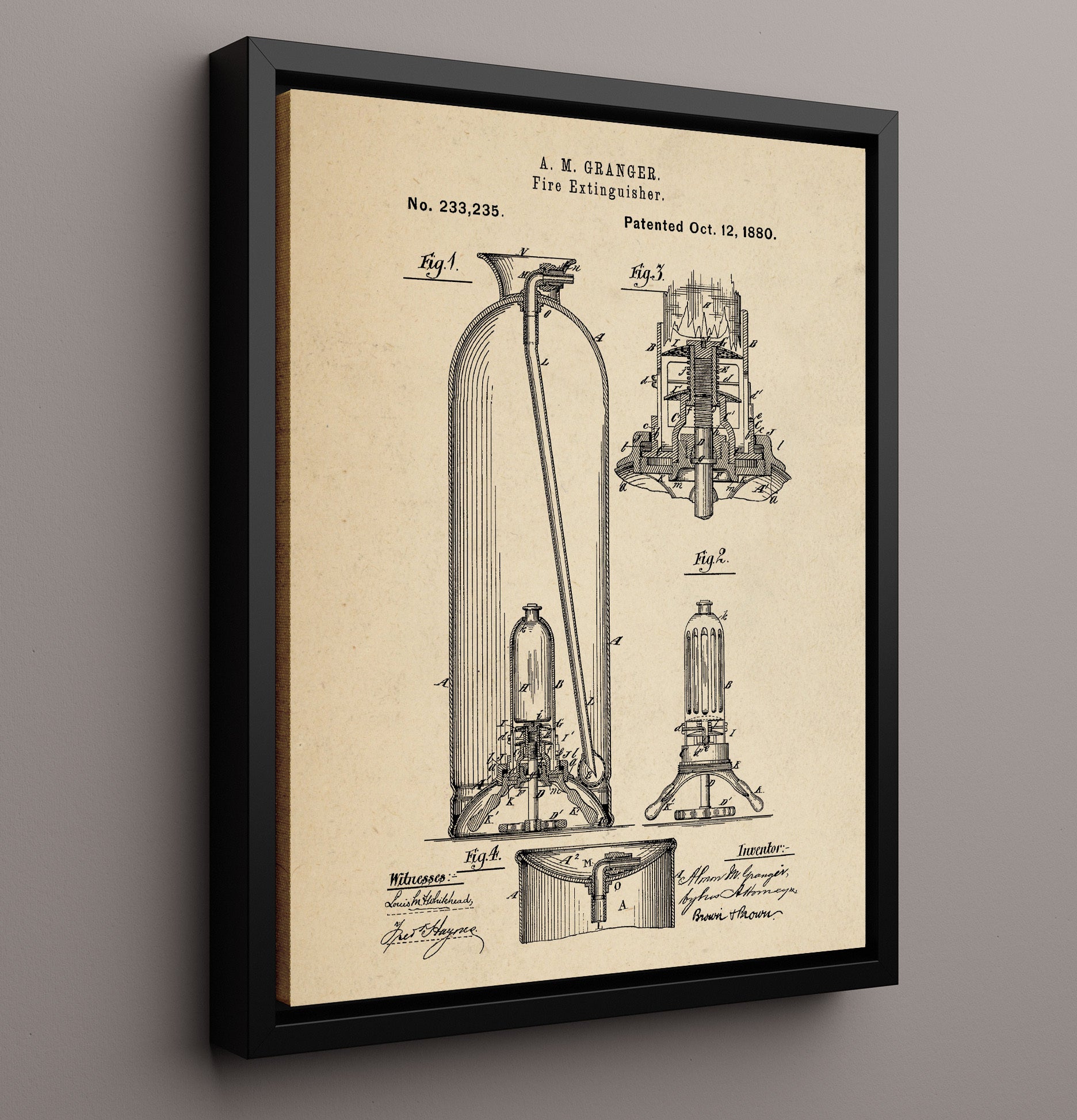 Patent Print - Fire Extinguisher - A. M. Granger - 1880 - Patent 233235 Patent Wall Art