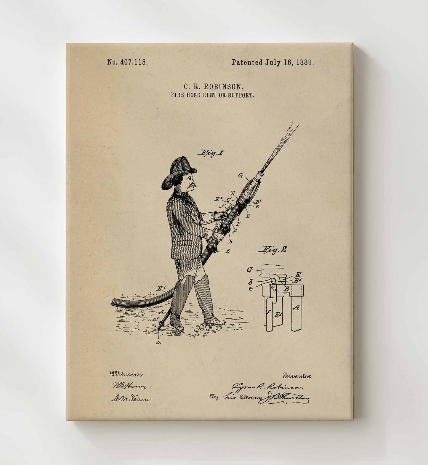 Patent Print - Fire Hose Rest Or Support - Cyrus R. Robinson - 1889 - Patent 407118 Patent Wall Art