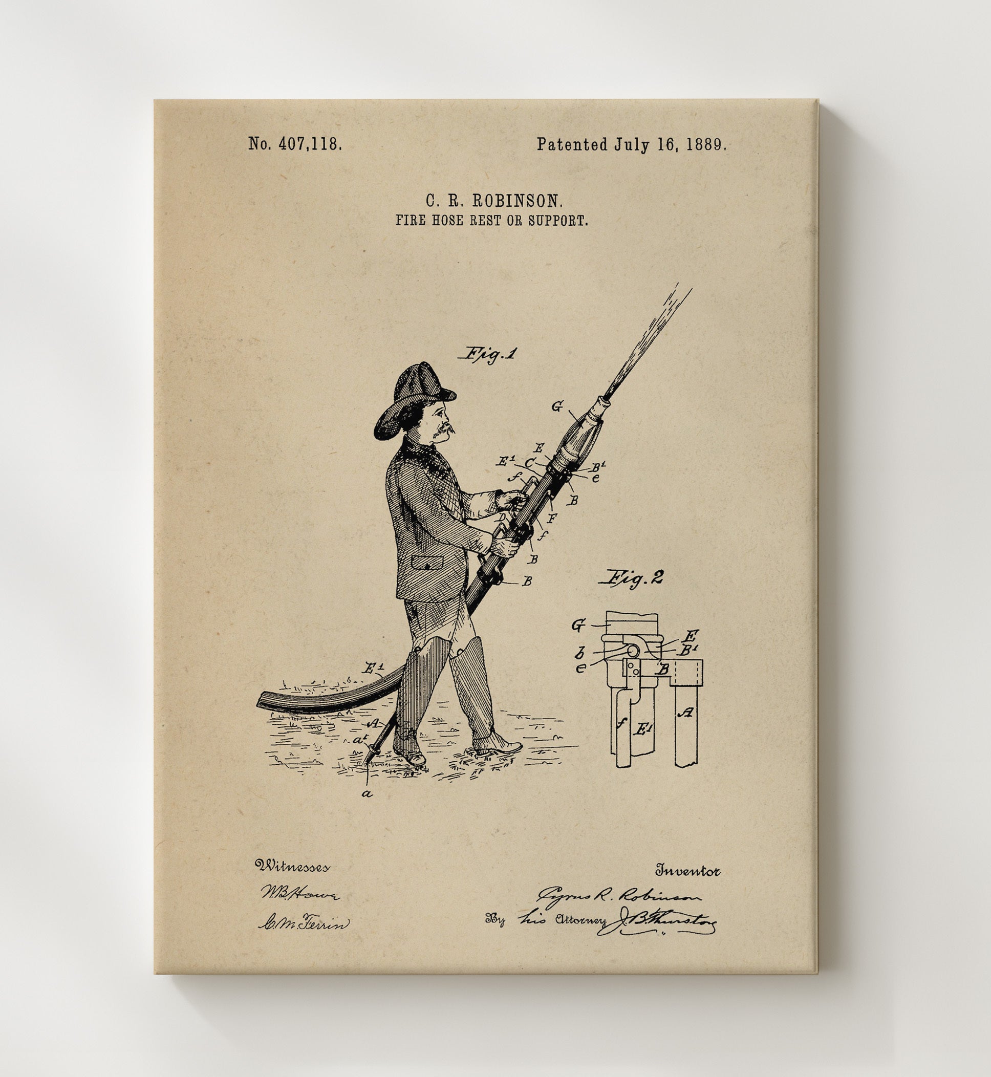 Patent Print - Fire Hose Rest Or Support - Cyrus R. Robinson - 1889 - Patent 407118 Patent Wall Art