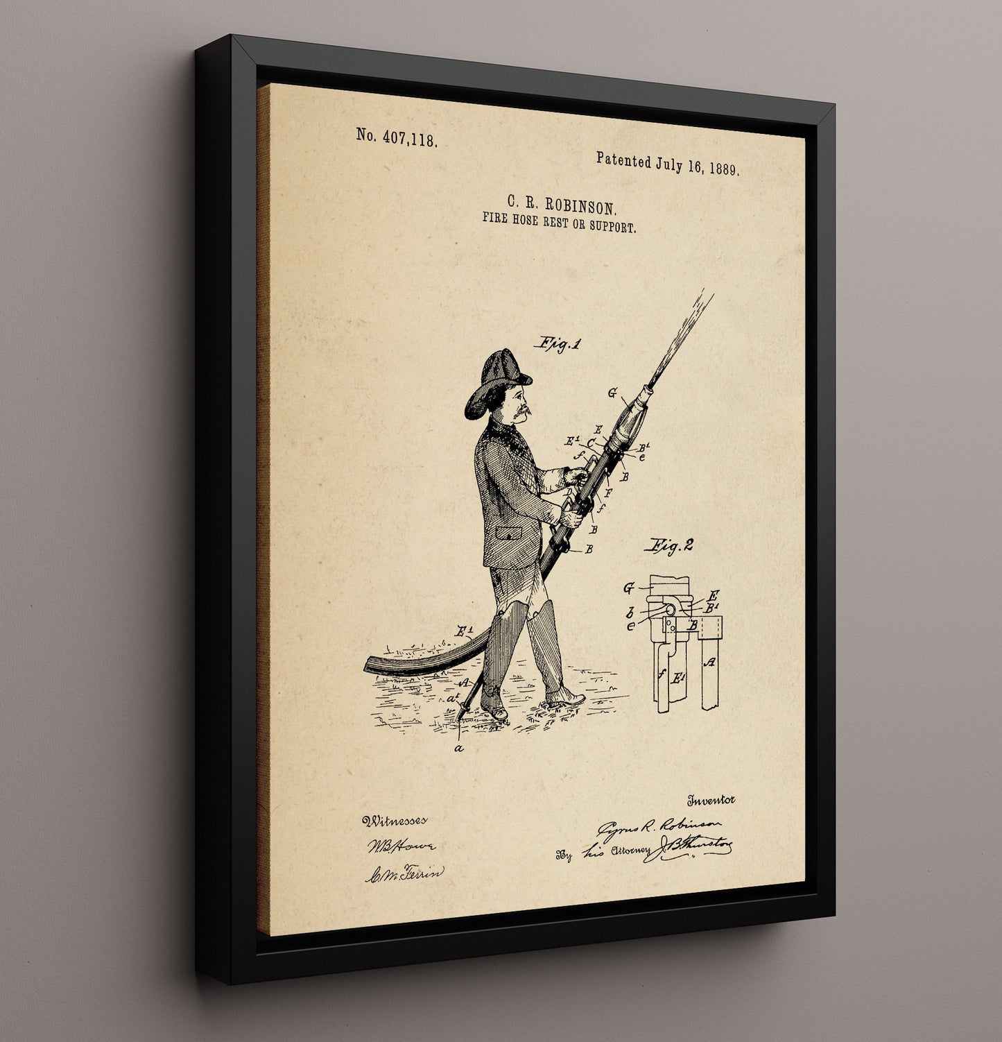 Patent Print - Fire Hose Rest Or Support - Cyrus R. Robinson - 1889 - Patent 407118 Patent Wall Art