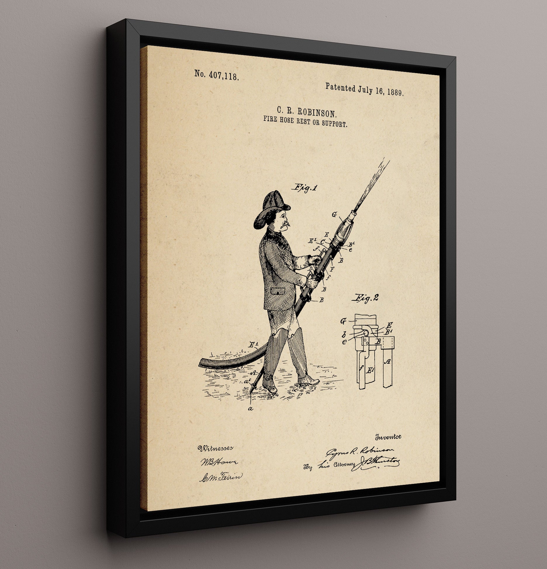 Patent Print - Fire Hose Rest Or Support - Cyrus R. Robinson - 1889 - Patent 407118 Patent Wall Art