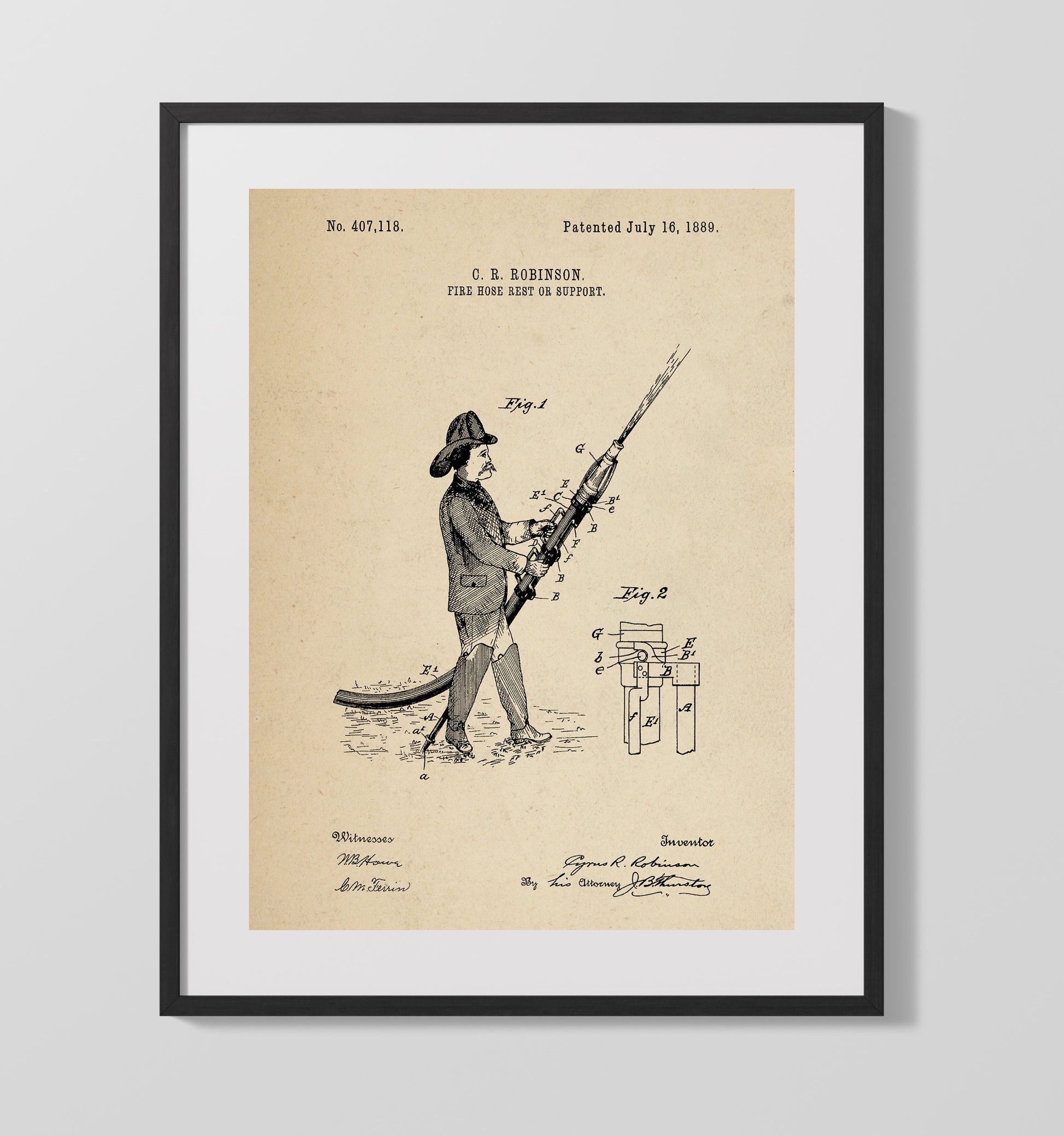 Patent Print - Fire Hose Rest Or Support - Cyrus R. Robinson - 1889 - Patent 407118 Patent Wall Art