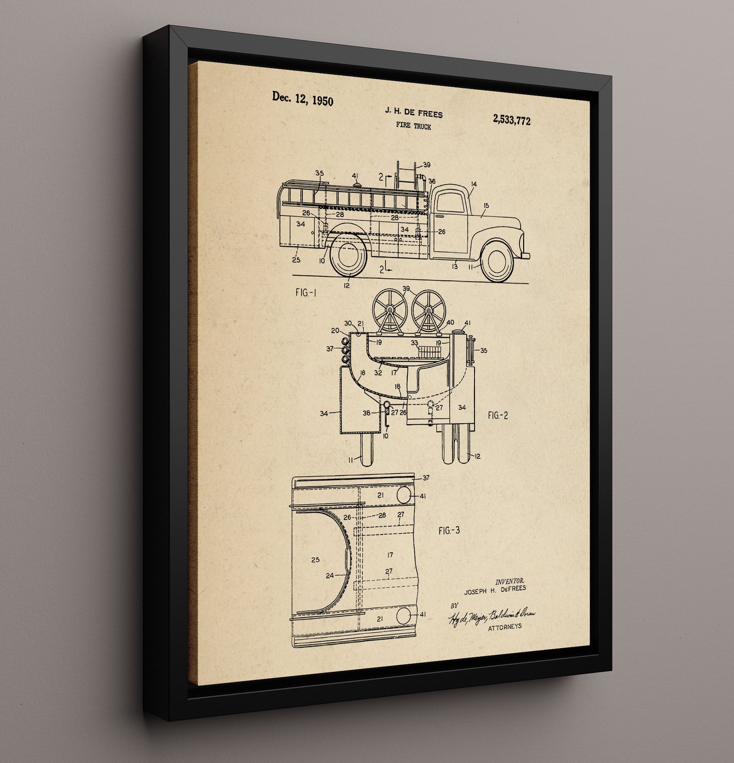 Patent Print - Fire Truck - J. H. De Frees - 1950 - Patent 2533772 Patent Wall Art