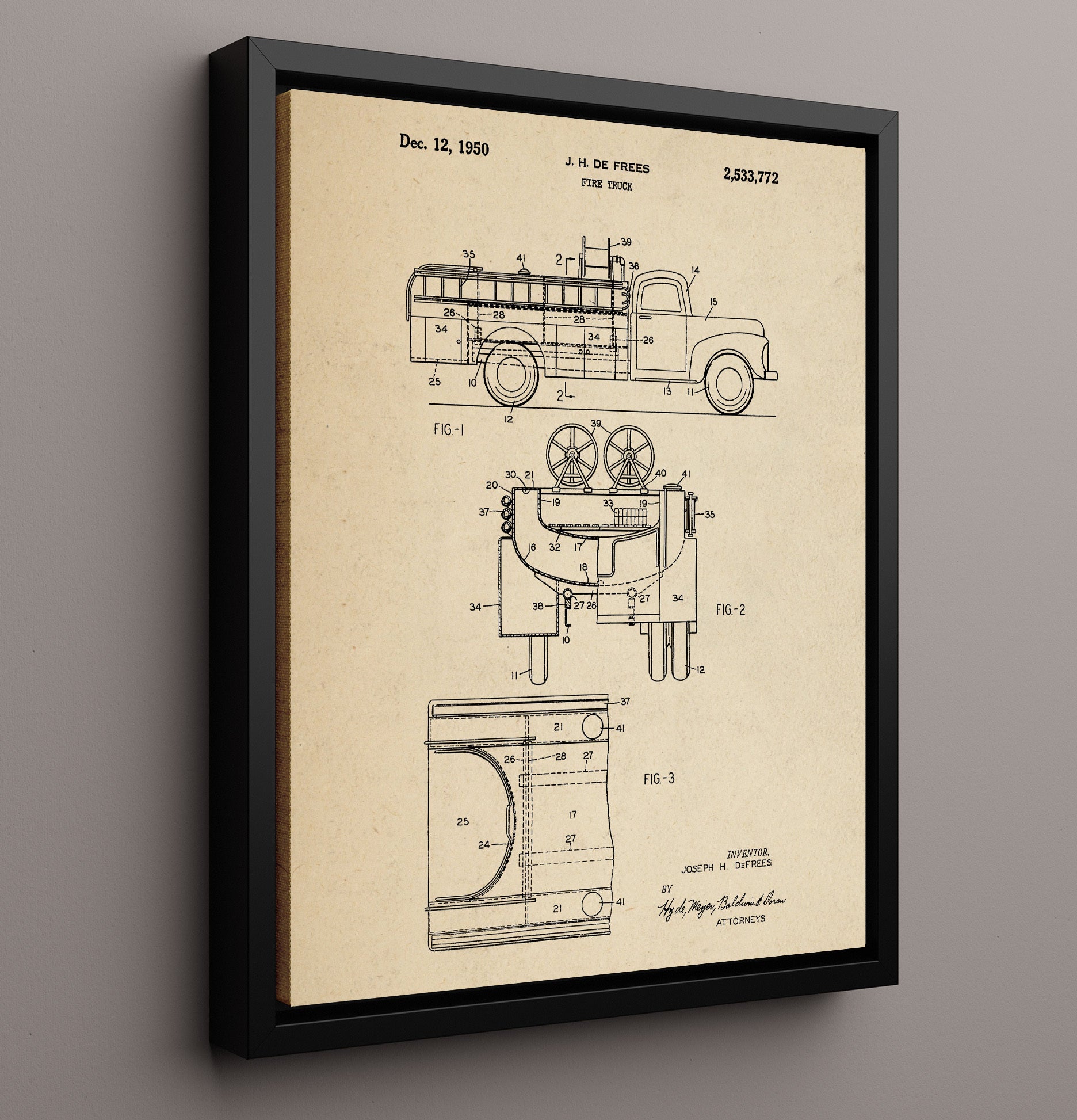 Patent Print - Fire Truck - J. H. De Frees - 1950 - Patent 2533772 Patent Wall Art