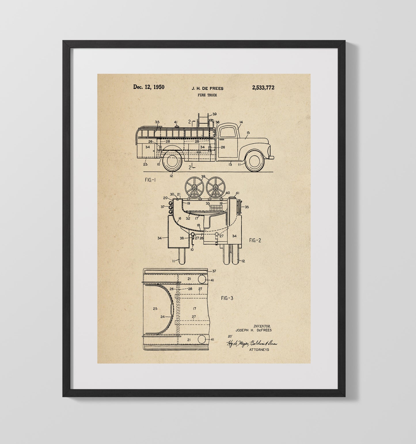 Patent Print - Fire Truck - J. H. De Frees - 1950 - Patent 2533772 Patent Wall Art