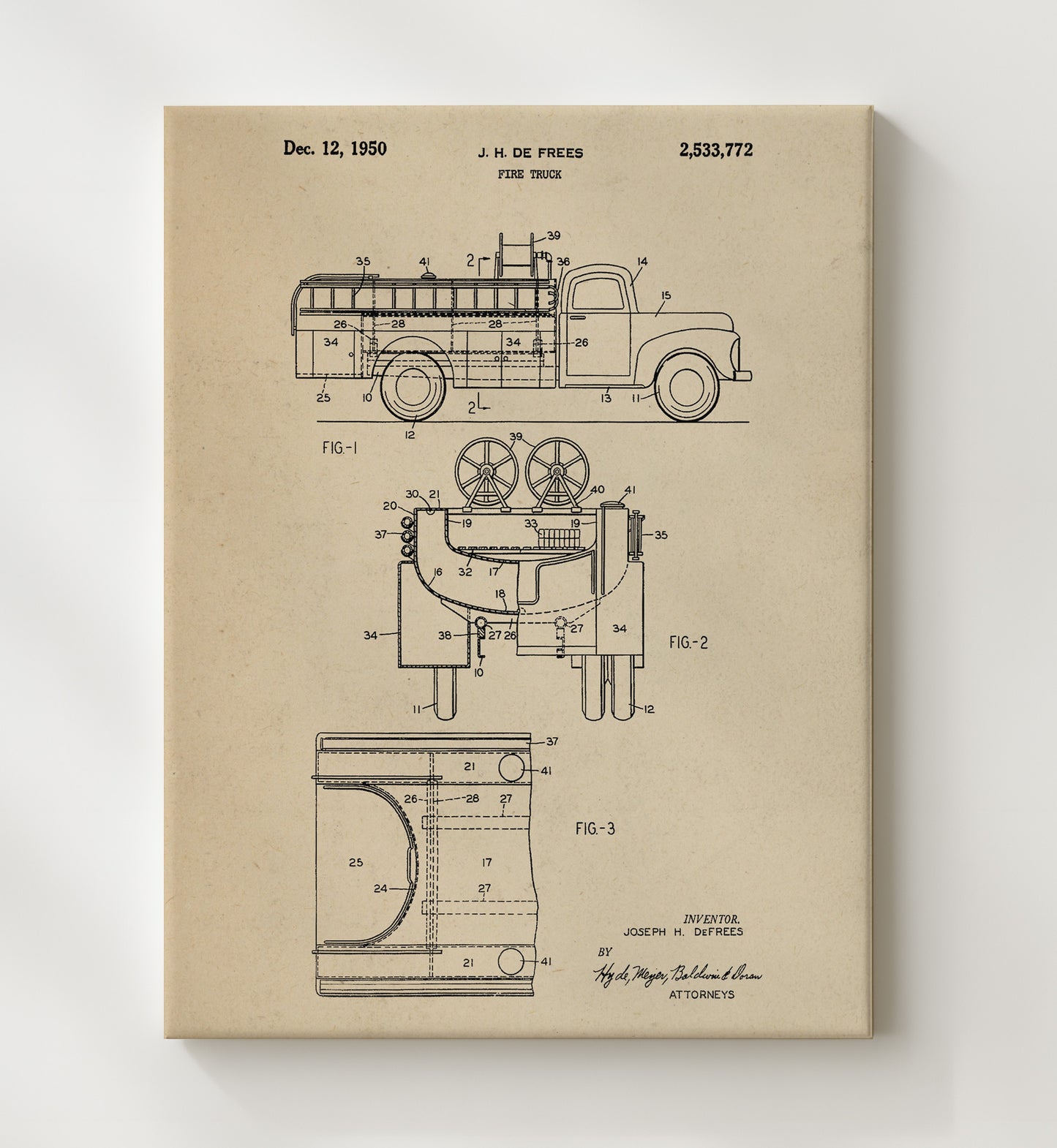 Patent Print - Fire Truck - J. H. De Frees - 1950 - Patent 2533772 Patent Wall Art