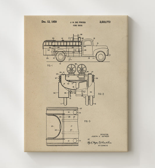 Fire Truck 1950 patent print wall art 8x10 Canvas