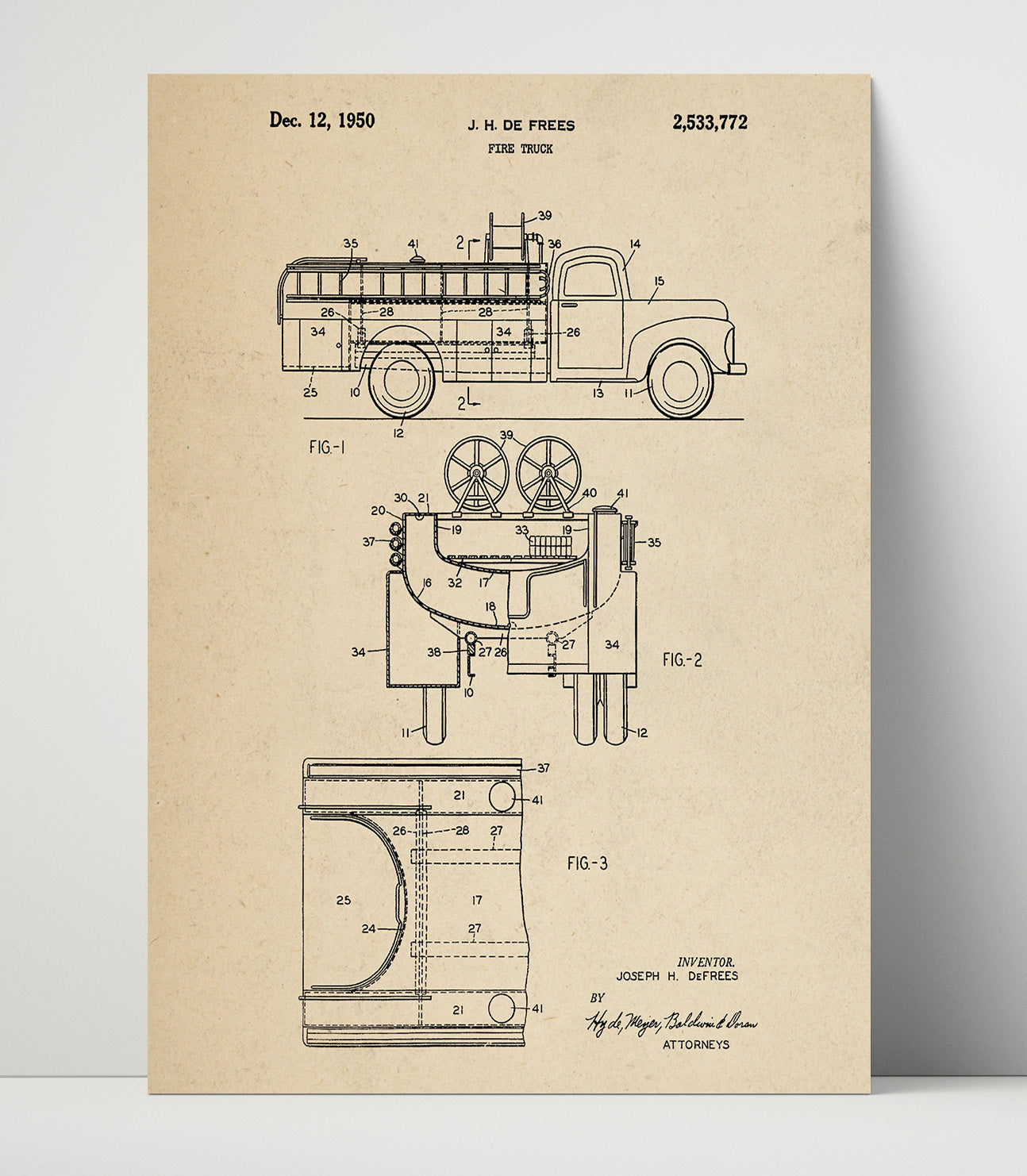 Patent Print - Fire Truck - J. H. De Frees - 1950 - Patent 2533772 Patent Wall Art