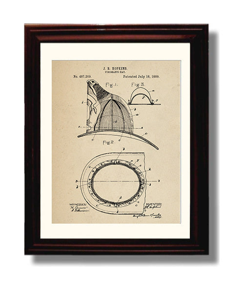 Patent Print - Firemans Hat - J R Hopkins - 1889 - Patent 407209 Patent Wall Art