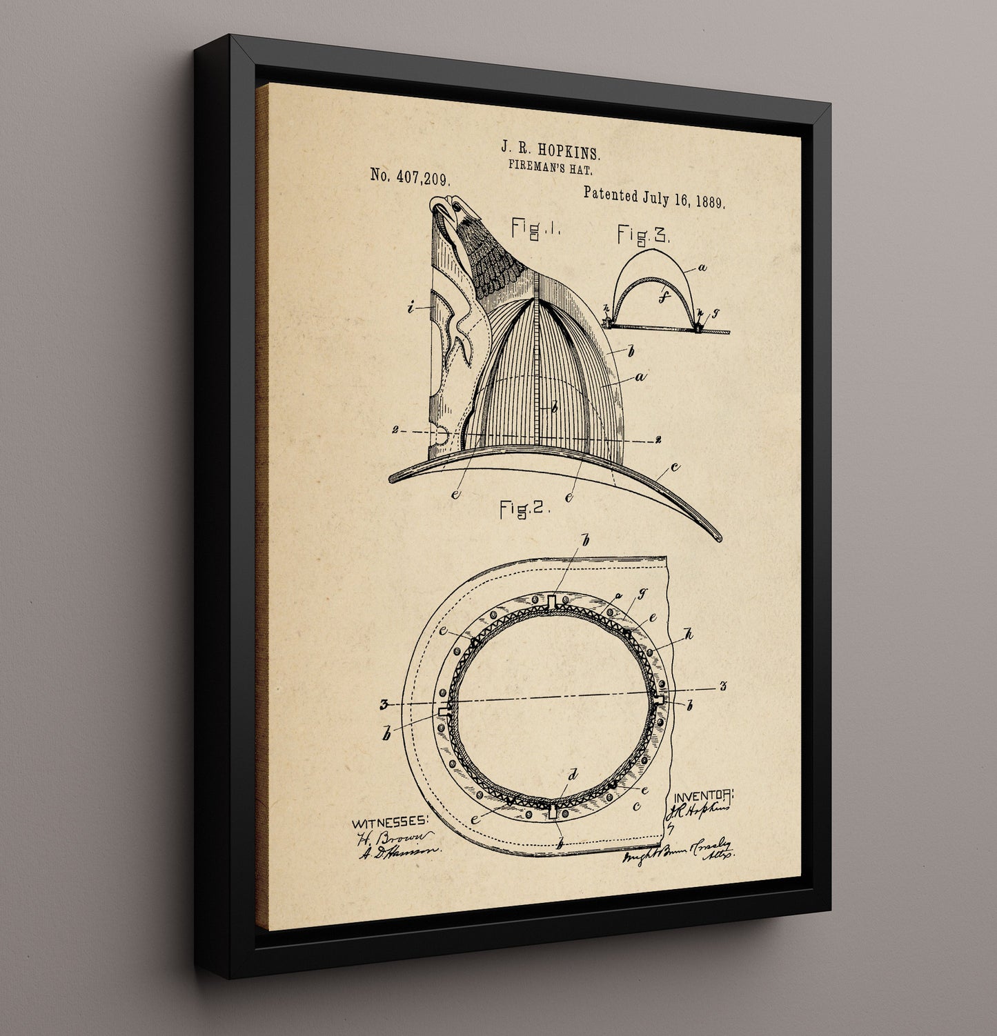 Patent Print - Firemans Hat - J R Hopkins - 1889 - Patent 407209 Patent Wall Art