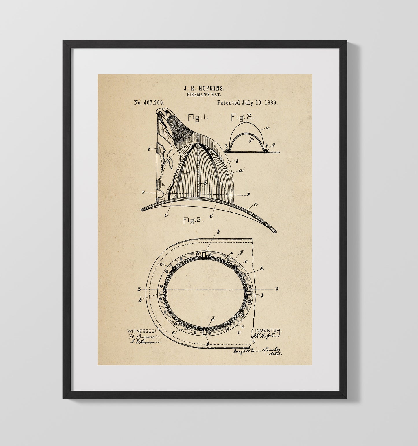 Patent Print - Firemans Hat - J R Hopkins - 1889 - Patent 407209 Patent Wall Art
