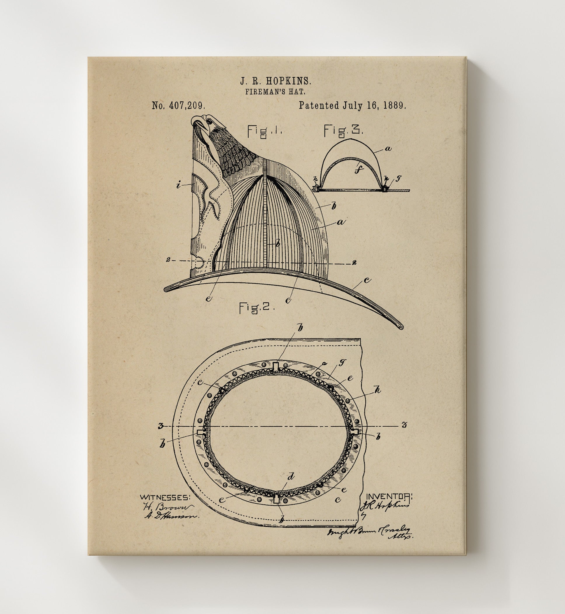 Patent Print - Firemans Hat - J R Hopkins - 1889 - Patent 407209 Patent Wall Art