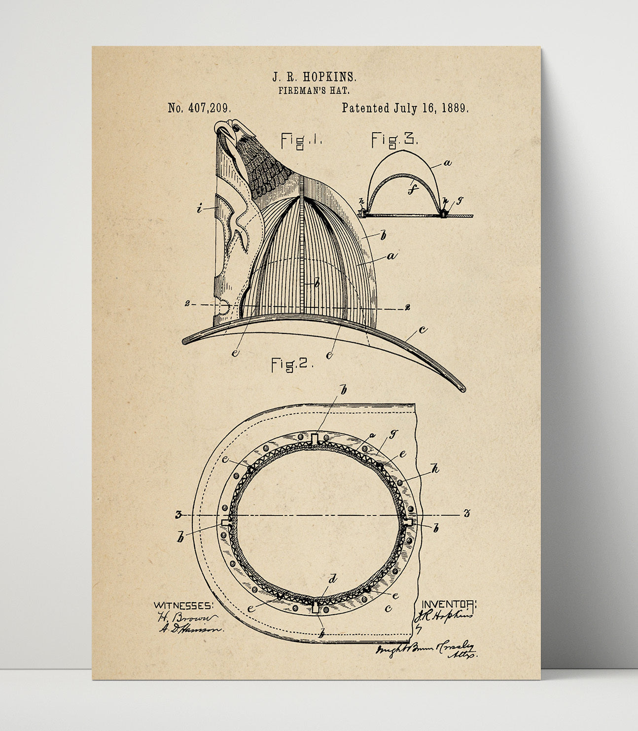 Patent Print - Firemans Hat - J R Hopkins - 1889 - Patent 407209 Patent Wall Art