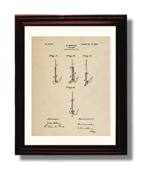 Patent Print - Fish Hook - W. Henckler - 1898 - Patent 615170 Patent Wall Art
