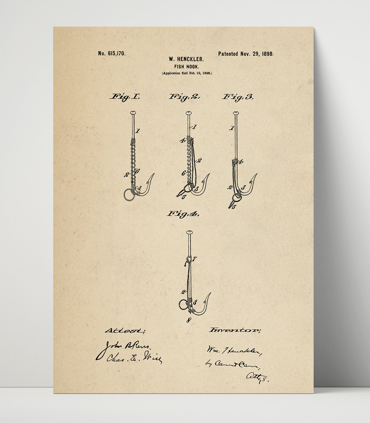 Patent Print - Fish Hook - W. Henckler - 1898 - Patent 615170 Patent Wall Art