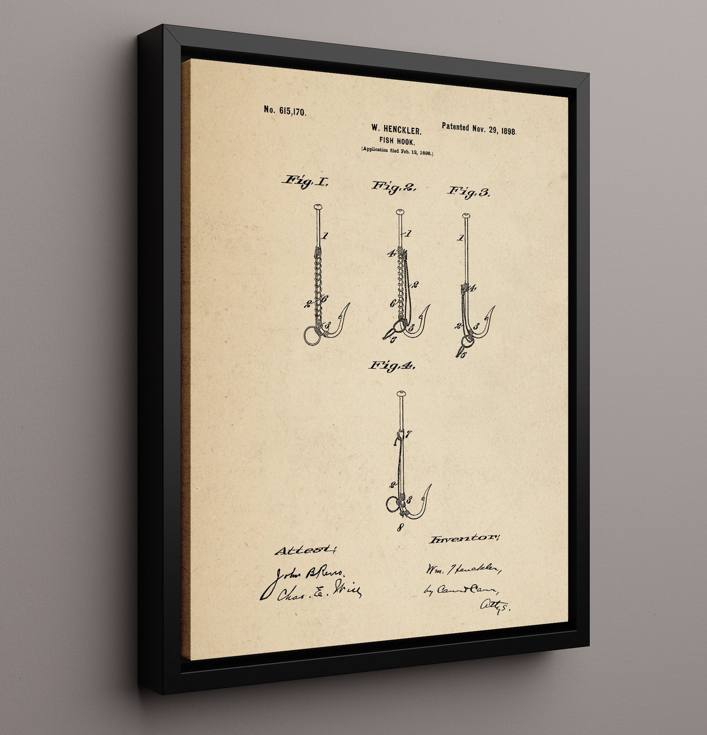 Patent Print - Fish Hook - W. Henckler - 1898 - Patent 615170 Patent Wall Art