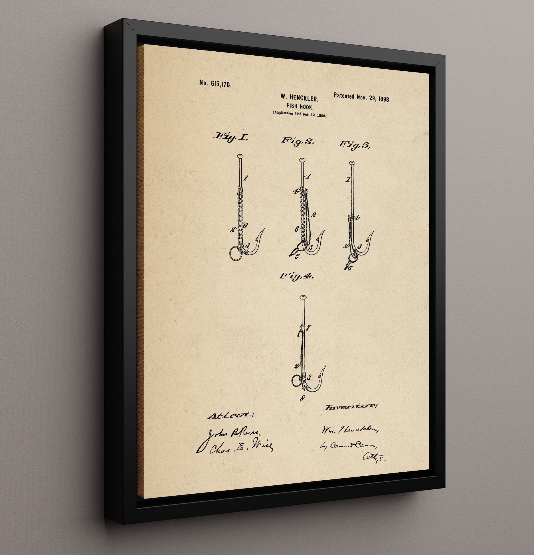 Patent Print - Fish Hook - W. Henckler - 1898 - Patent 615170 Patent Wall Art
