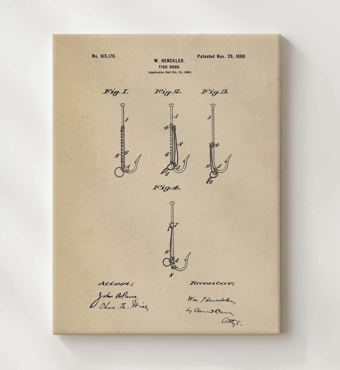Patent Print - Fish Hook - W. Henckler - 1898 - Patent 615170 Patent Wall Art