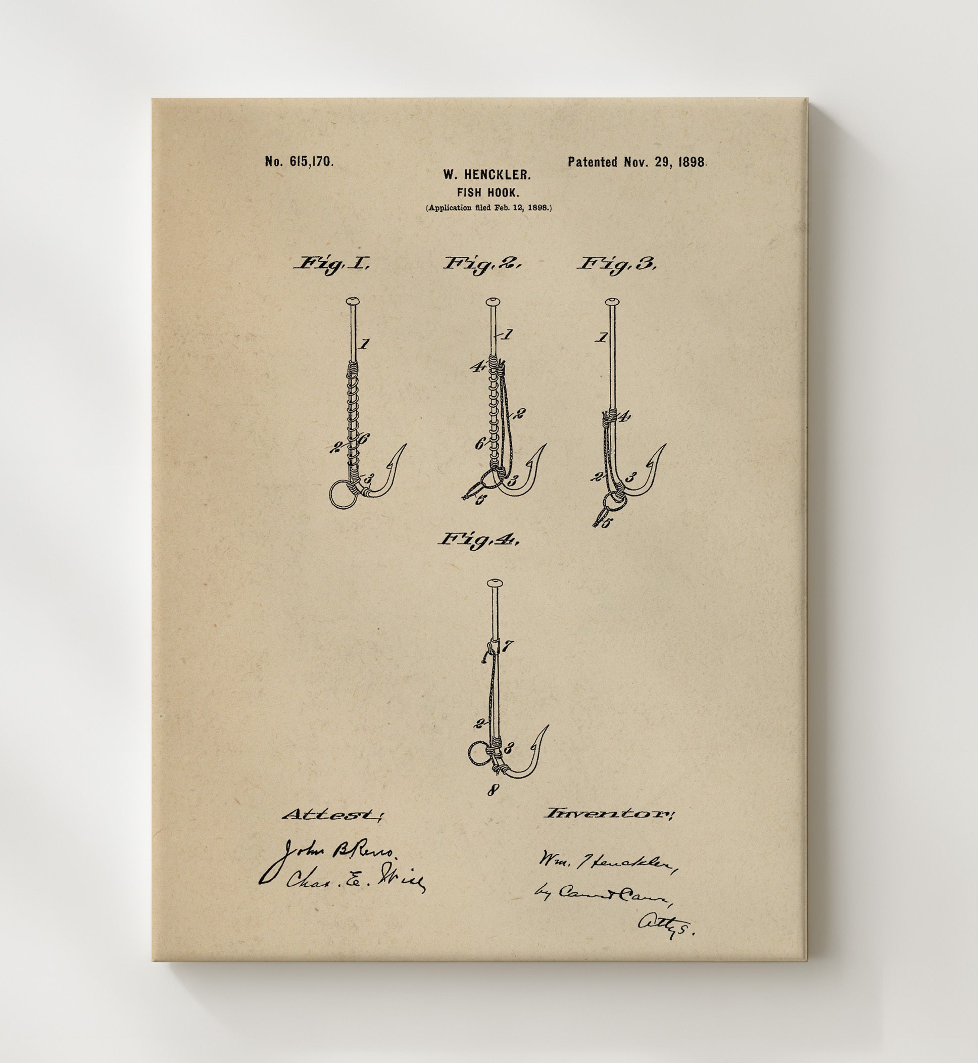 Patent Print - Fish Hook - W. Henckler - 1898 - Patent 615170 Patent Wall Art