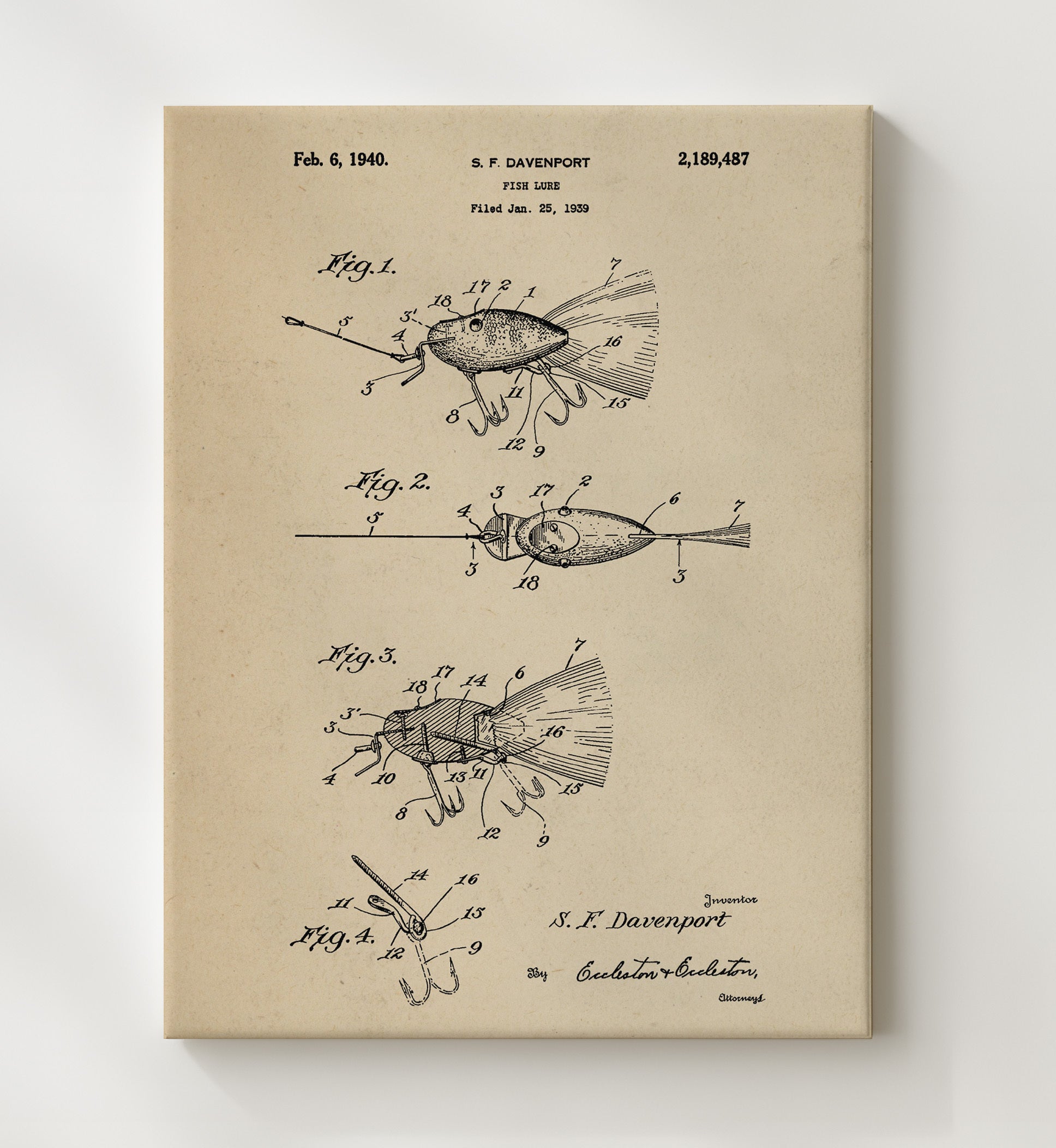 Patent Print - Fish Lure - S. F. Davenport - 1940 - Patent 2189487 Patent Wall Art