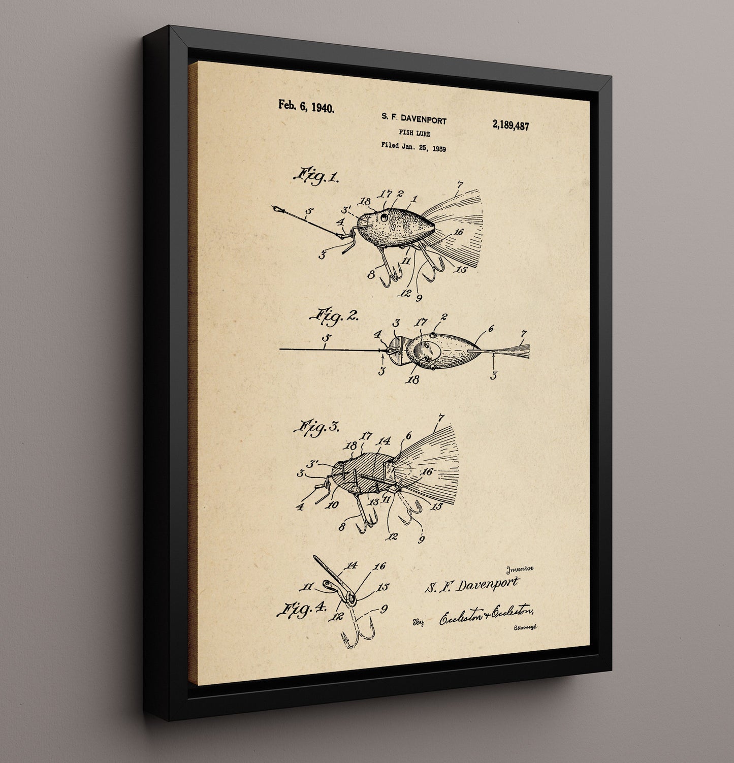 Patent Print - Fish Lure - S. F. Davenport - 1940 - Patent 2189487 Patent Wall Art