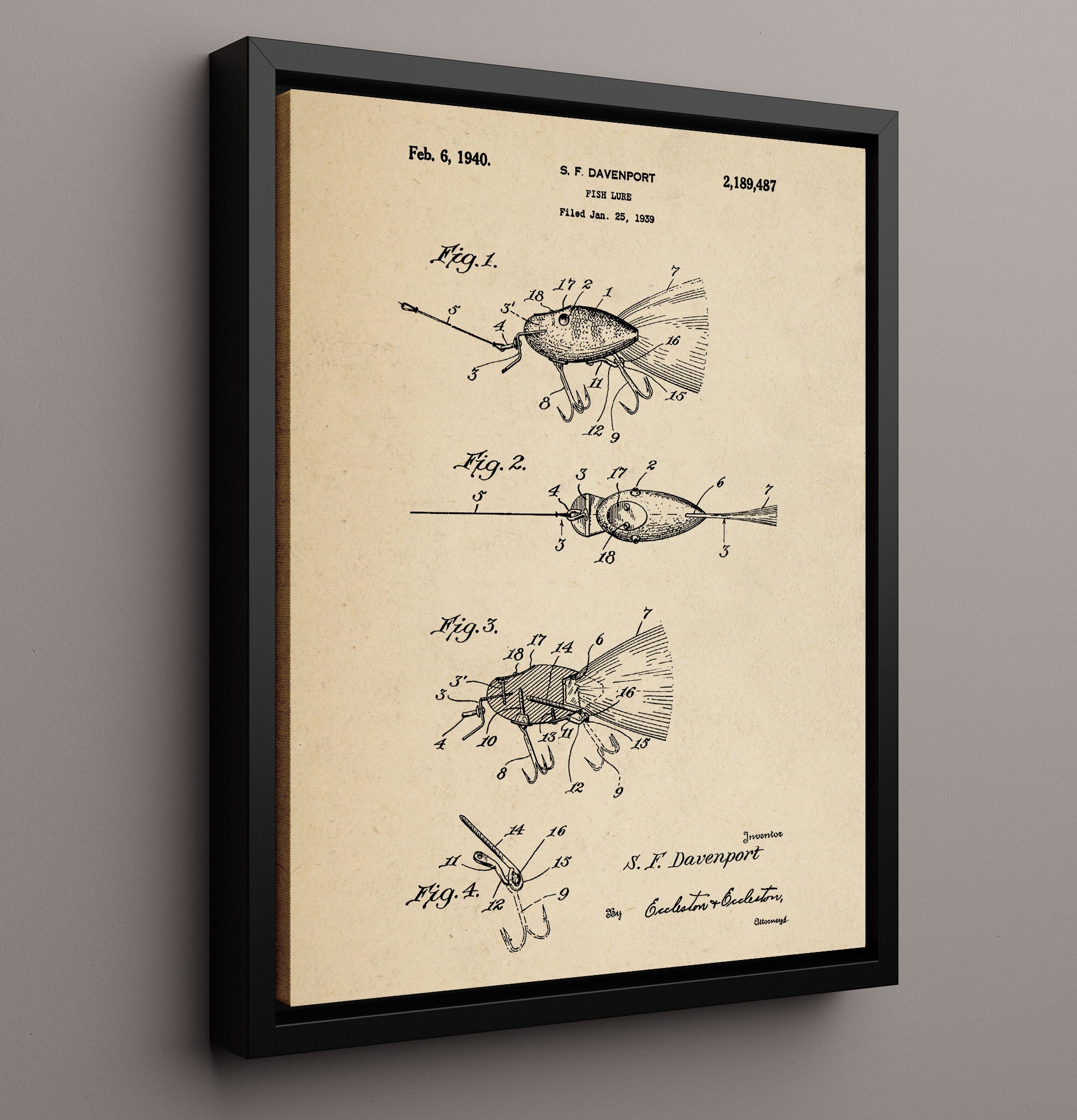 Patent Print - Fish Lure - S. F. Davenport - 1940 - Patent 2189487 Patent Wall Art