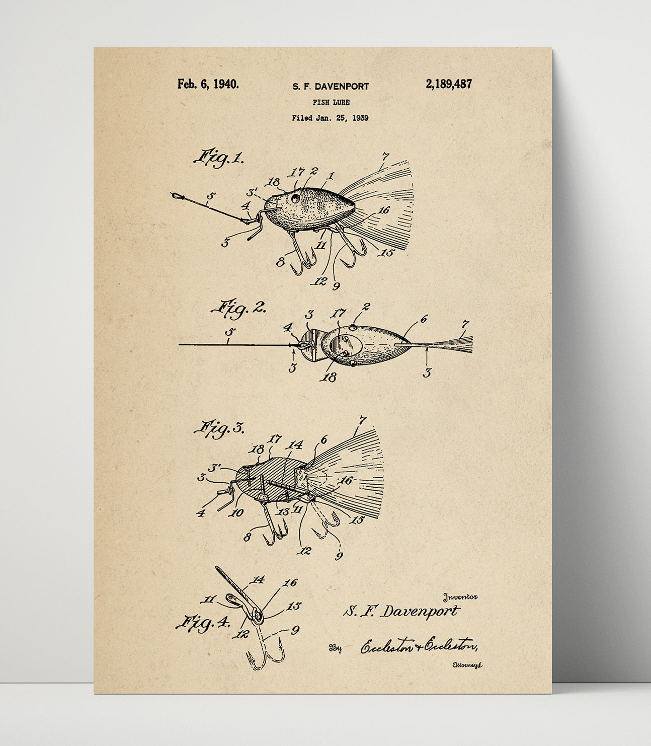 Patent Print - Fish Lure - S. F. Davenport - 1940 - Patent 2189487 Patent Wall Art