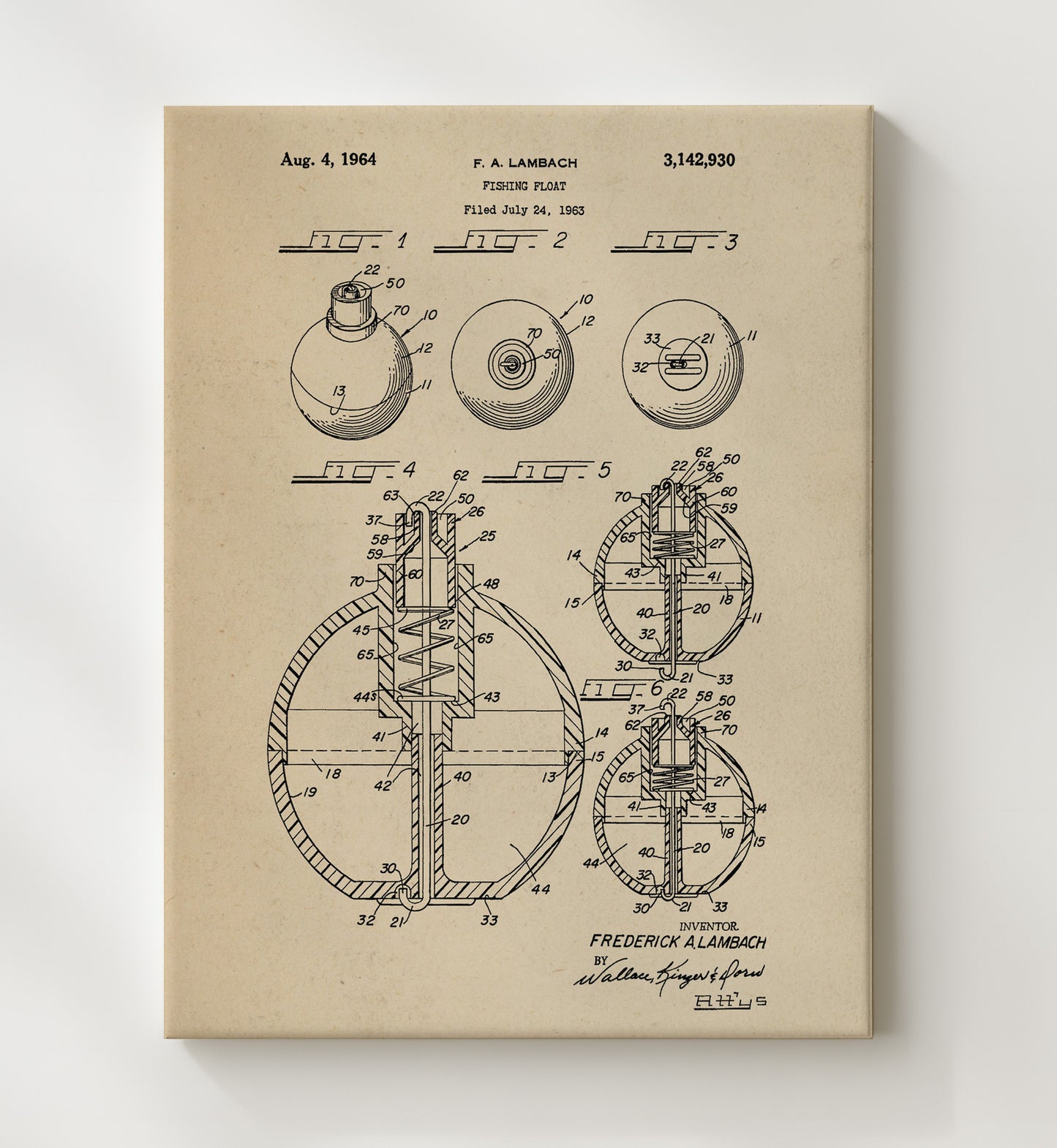 Patent Print - Fishing Float - F A Lambach - 1964 - Patent 3142930 Patent Wall Art