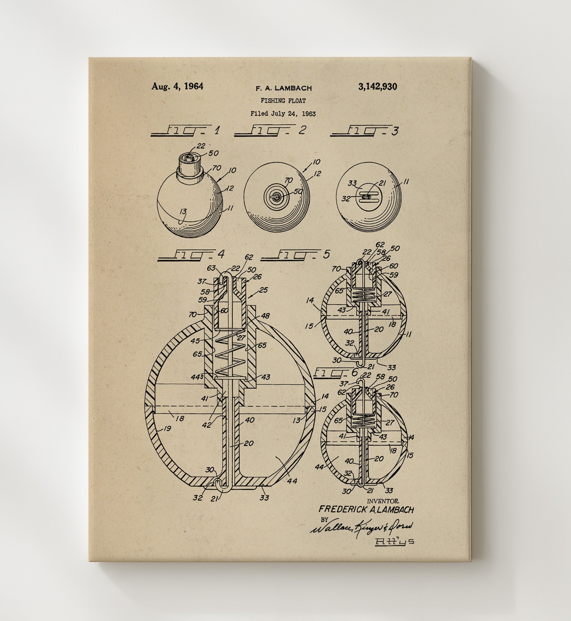 Patent Print - Fishing Float - F A Lambach - 1964 - Patent 3142930 Patent Wall Art