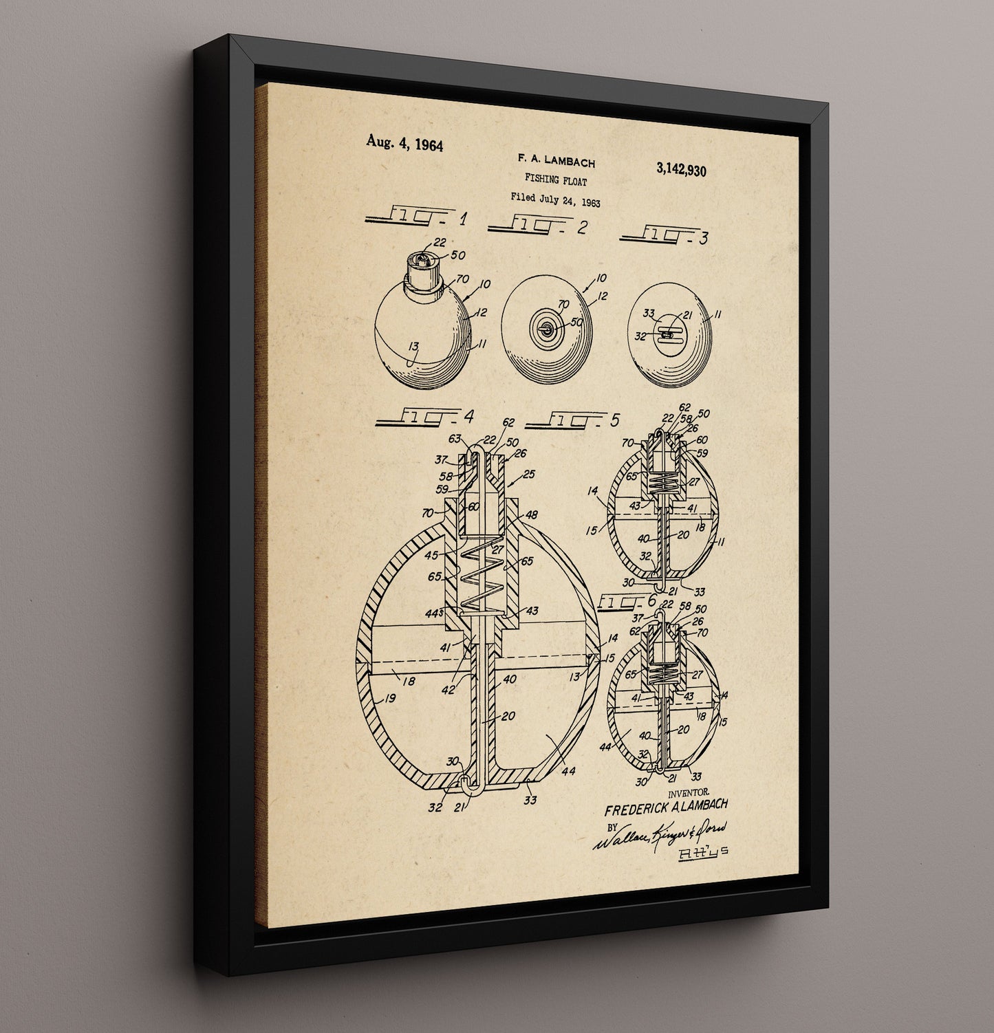 Patent Print - Fishing Float - F A Lambach - 1964 - Patent 3142930 Patent Wall Art