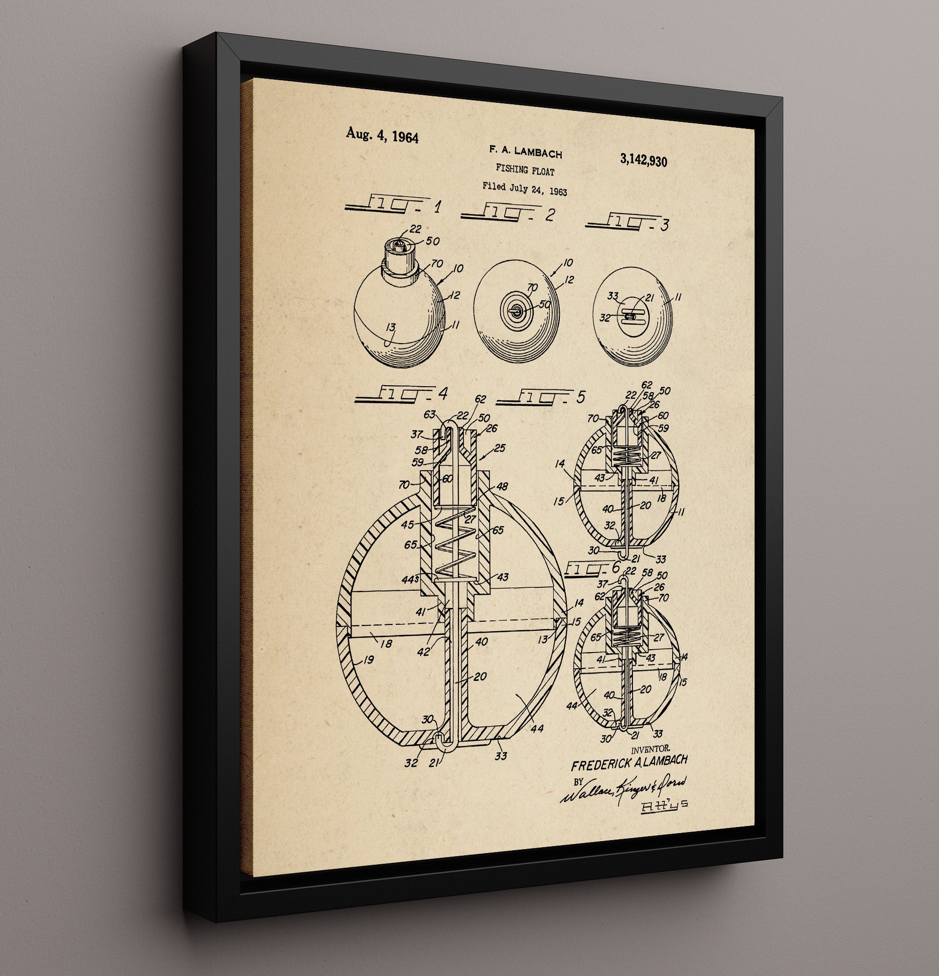 Patent Print - Fishing Float - F A Lambach - 1964 - Patent 3142930 Patent Wall Art