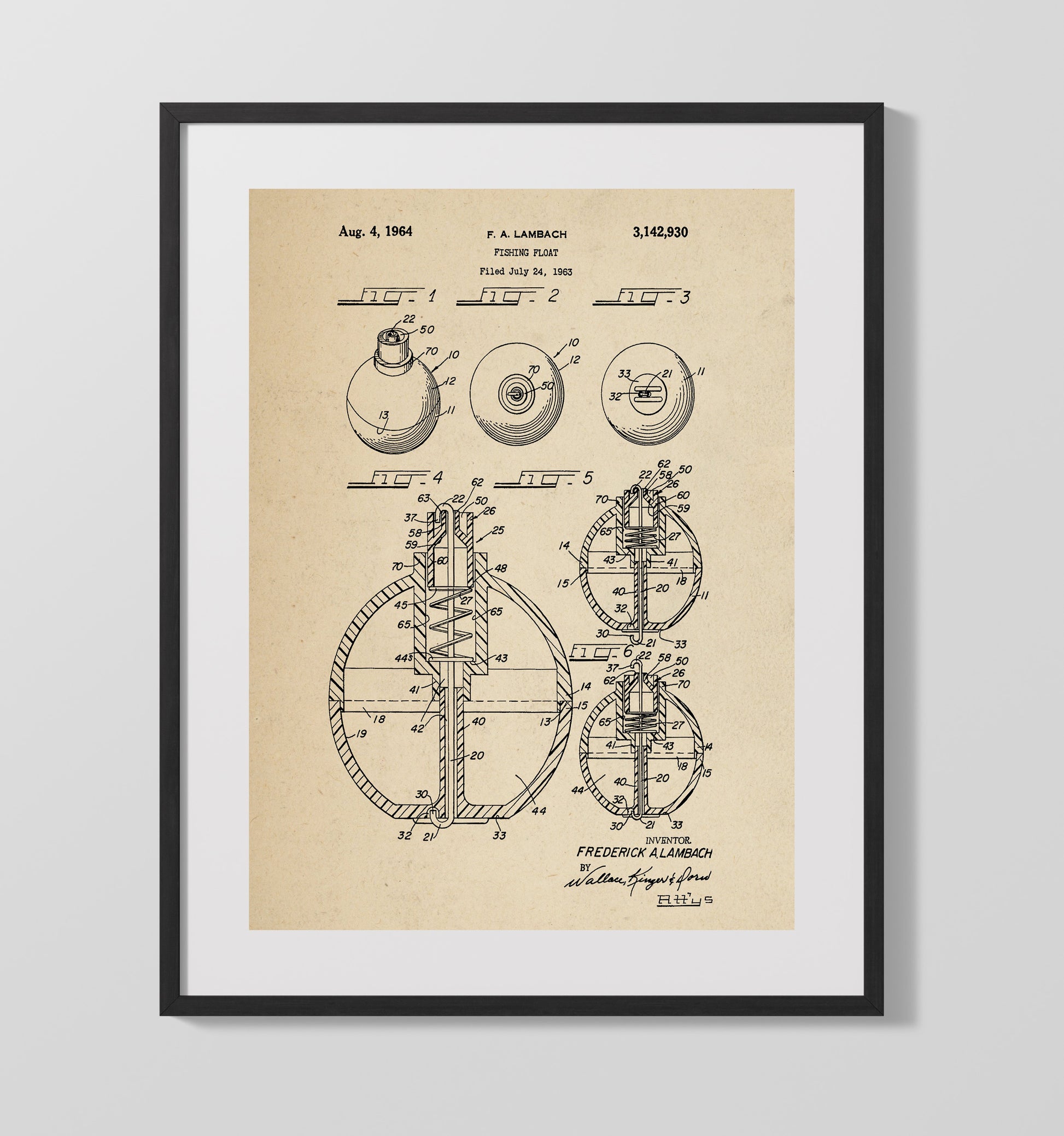 Patent Print - Fishing Float - F A Lambach - 1964 - Patent 3142930 Patent Wall Art