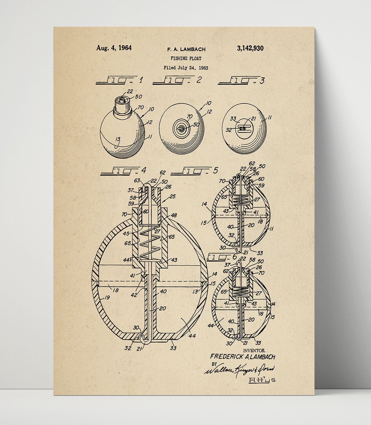 Patent Print - Fishing Float - F A Lambach - 1964 - Patent 3142930 Patent Wall Art
