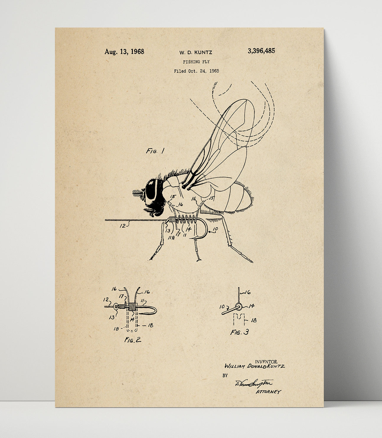 Patent Print - Fishing Fly - William Donald Kuntz - 1968 - Patent 3396485 Patent Wall Art