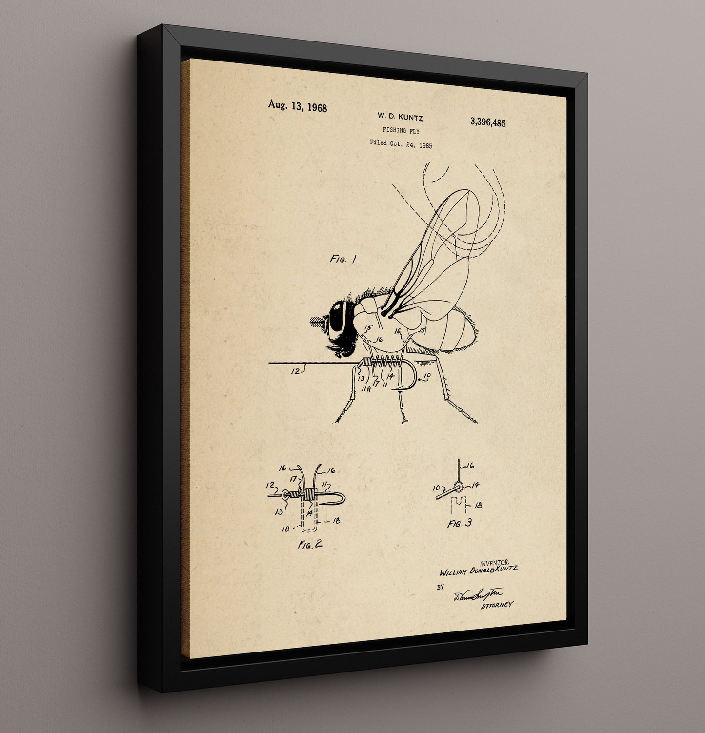 Patent Print - Fishing Fly - William Donald Kuntz - 1968 - Patent 3396485 Patent Wall Art
